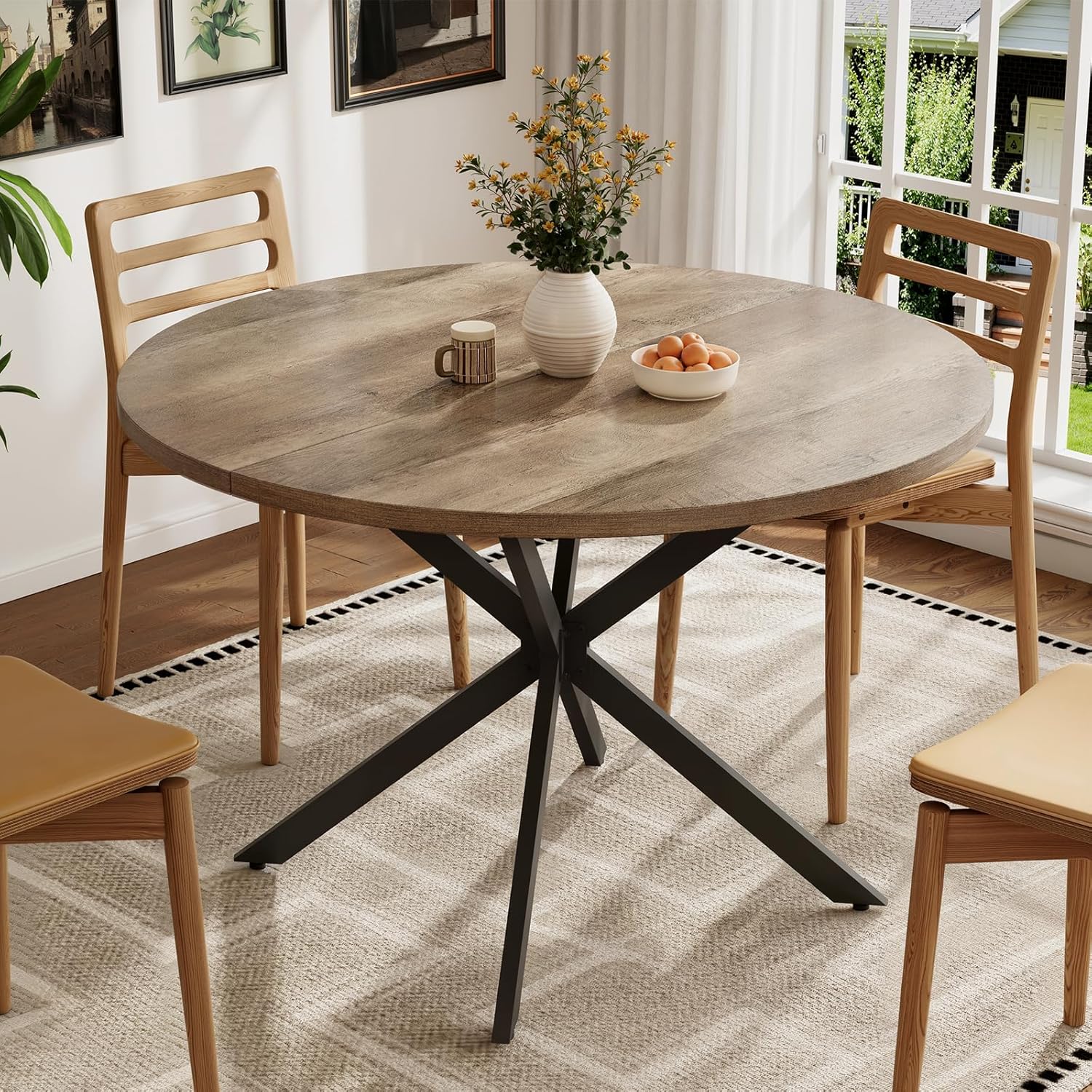 Vantic 47" Round Dining Table for 4-6 People, Farmhouse Wood Kitchen Table for Small Space, Circle Dining Table with Metal Base for Kitchen & Living Room, Ivory