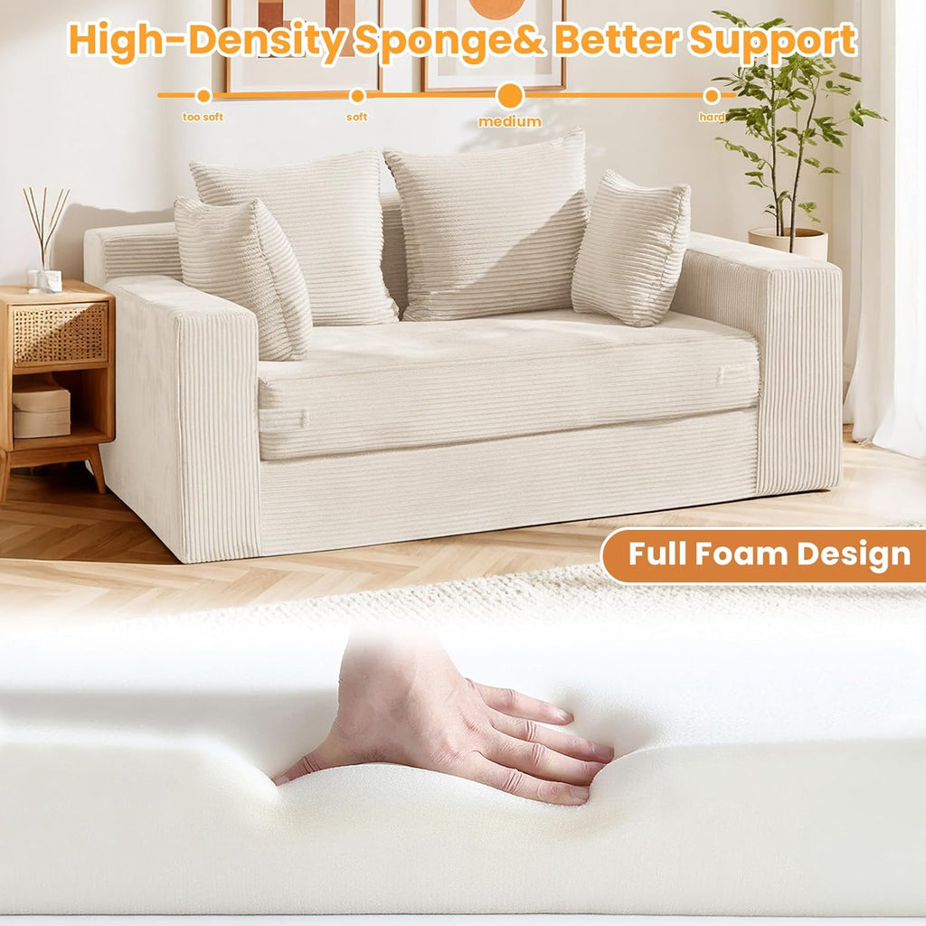Boneless Loveseat Sleeper Sofa Bed, 3-in-1 Convertible Sofa Bed and Futon Couch with 4 Pillows, 55" Beige Boneless Couch for Living Room, Guest Room, Small Space, No Assembly Required, Corduroy