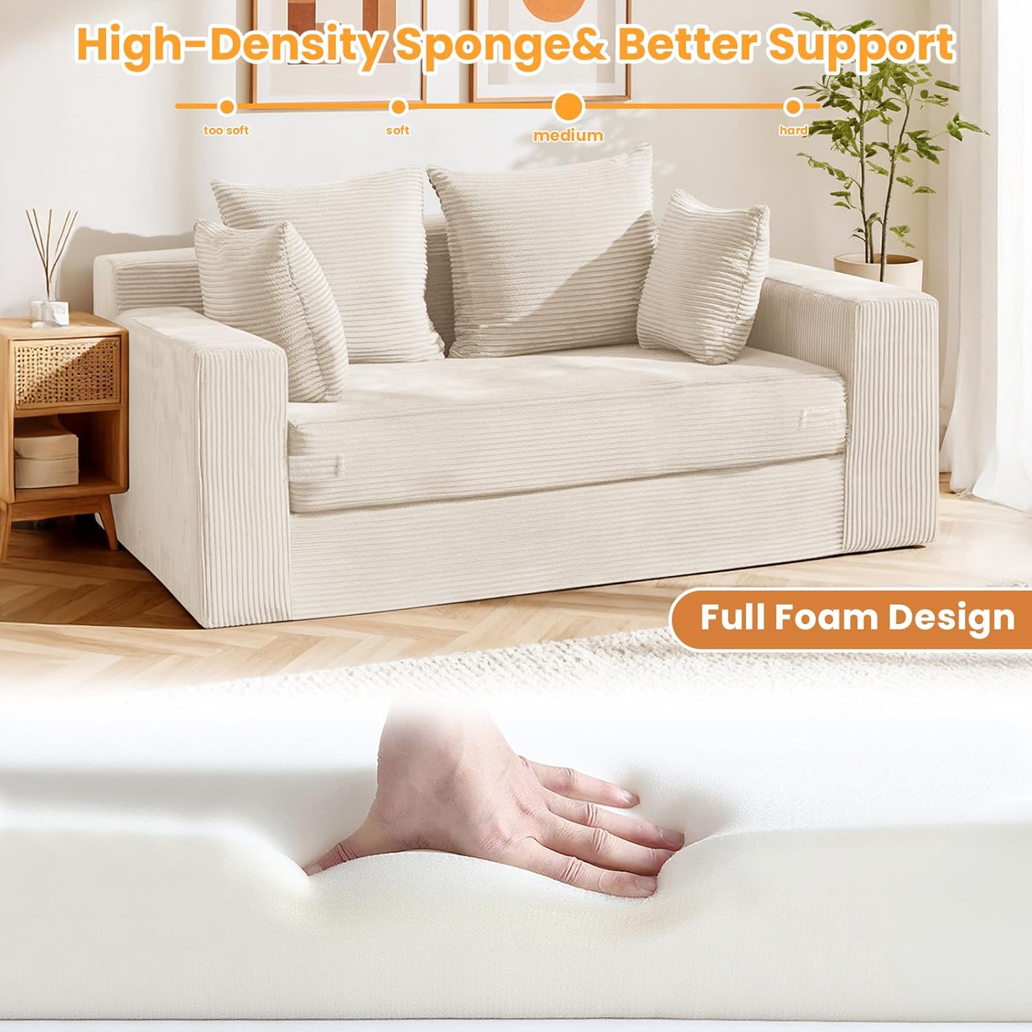 Boneless Loveseat Sleeper Sofa Bed, 3-in-1 Convertible Sofa Bed and Futon Couch with 4 Pillows, 55" Beige Boneless Couch for Living Room, Guest Room, Small Space, No Assembly Required, Corduroy