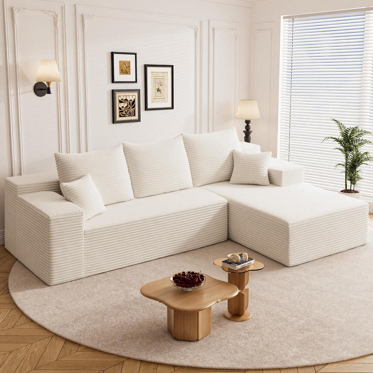 108" L Shaped Boneless Sectional Couches for Living Room, Comfy Corduroy Floor Cloud Sofa with Chaise, Wide Armrest, Deep Seat, Memory Foam, Assembly Free, Ideal for Small Spaces, White