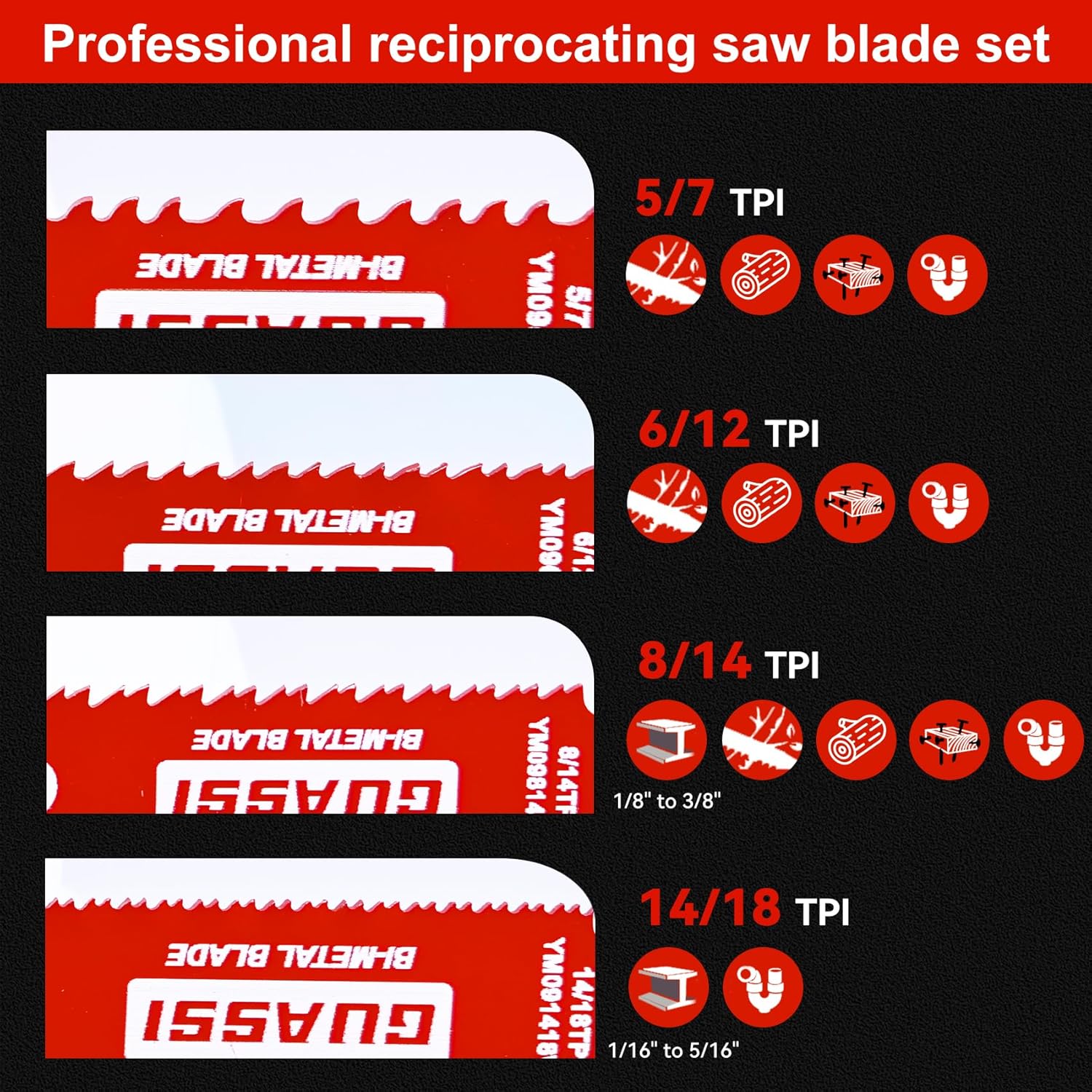 12 Pack 9 inch Reciprocating Saw Blade Set, Various TPI Bi-Metal Sawzall Blades for Wood, Metal and PVC Cutting, Durable Sawzall Blades for Multi-Material Demolition and Cutting, for Diablo