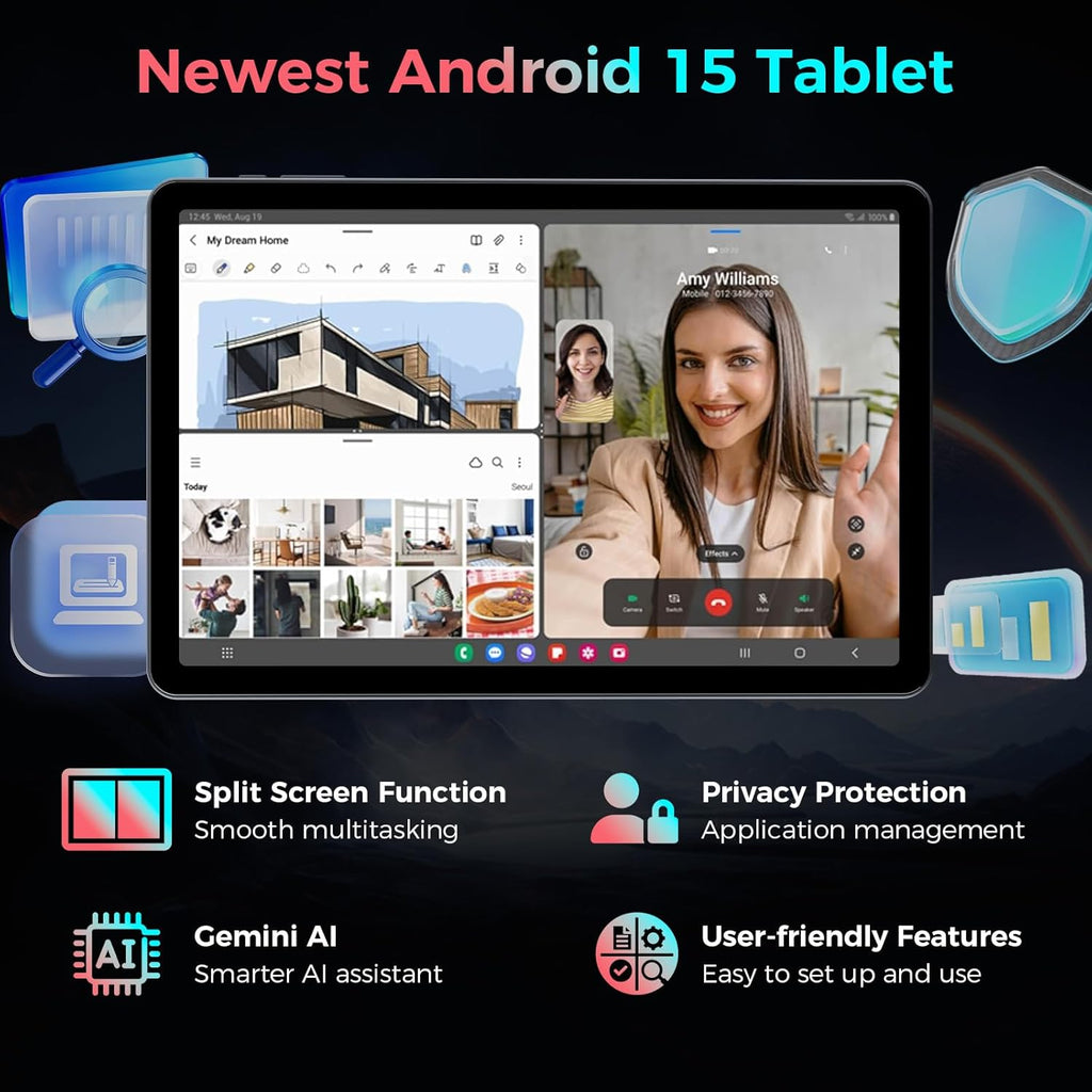 Tablet with Keyboard, 2026 Android 15 tablet with 26GB+256GB+2TB Expand, 10 Inch Tablet PC with 8-Core, Gemini AI, 5G WiFi, 8000mAh, BT5.0, GPS, Electronics Tablets with Case/Mouse/Stylus(Silver Case)