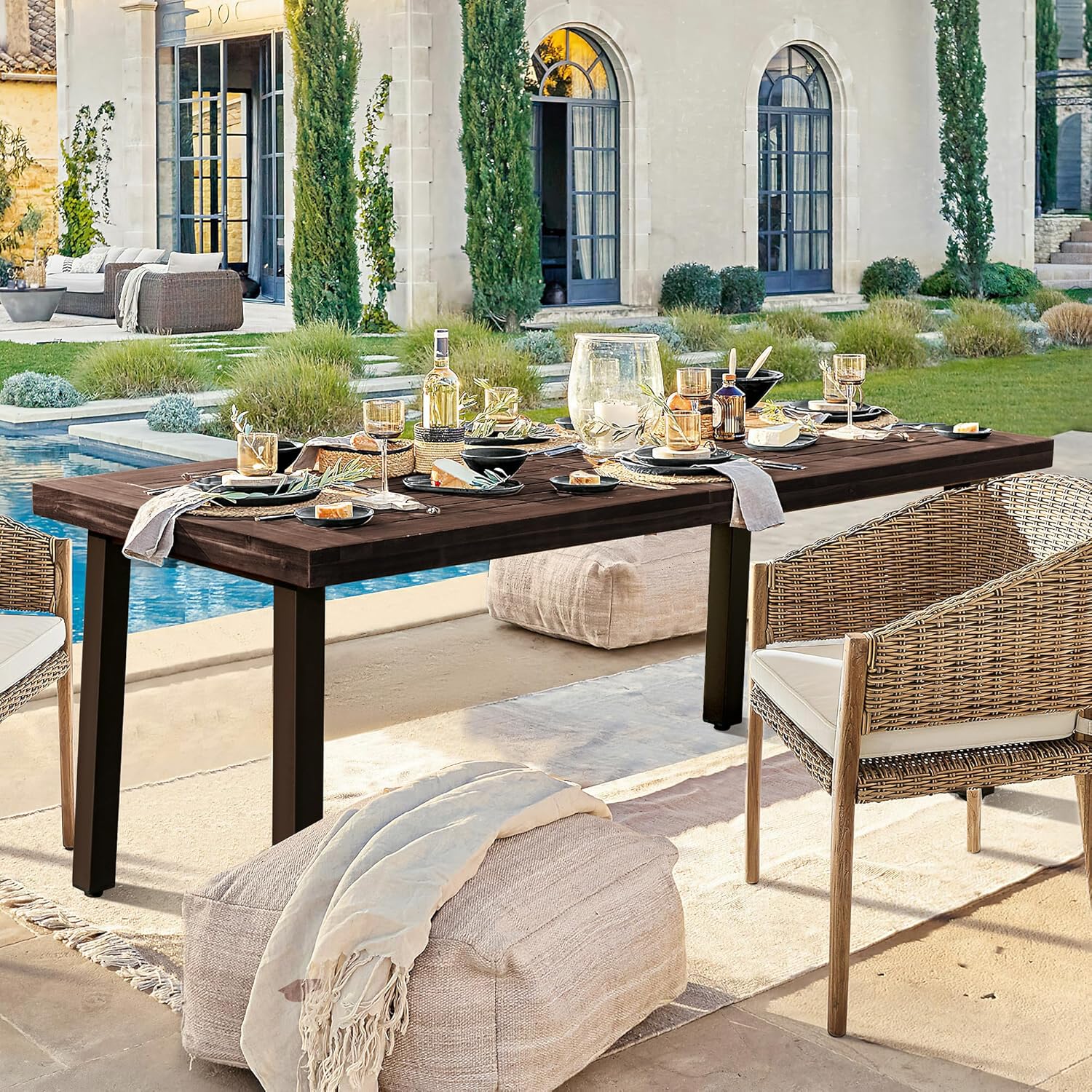 Devoko Home Acacia Wood Dining Table 6-Person Indoor Outdoor Table with Iron Legs, Sandblast Finish, Natural Stained, Rustic Metal, 69 * 33 * 30 inch (Espresso)