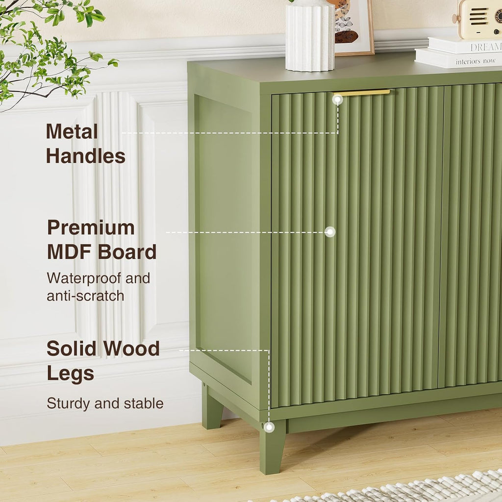 Fluted Cabinet with Storage, 2 Doors Sideboard Buffet, Mid Century Modern Accent Cabinet with Adjustable Shelves, Multifunctional Console Table with Storage for Living Room, Kitchen, Entryway, Green