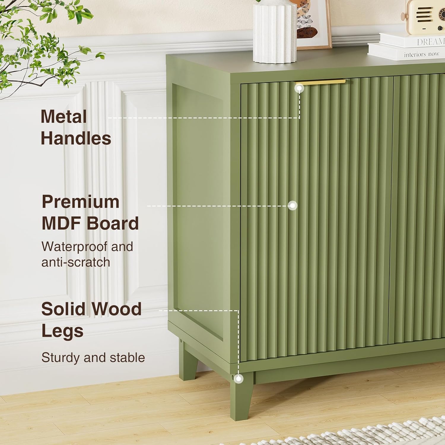 Fluted Cabinet with Storage, 2 Doors Sideboard Buffet, Mid Century Modern Accent Cabinet with Adjustable Shelves, Multifunctional Console Table with Storage for Living Room, Kitchen, Entryway, Green