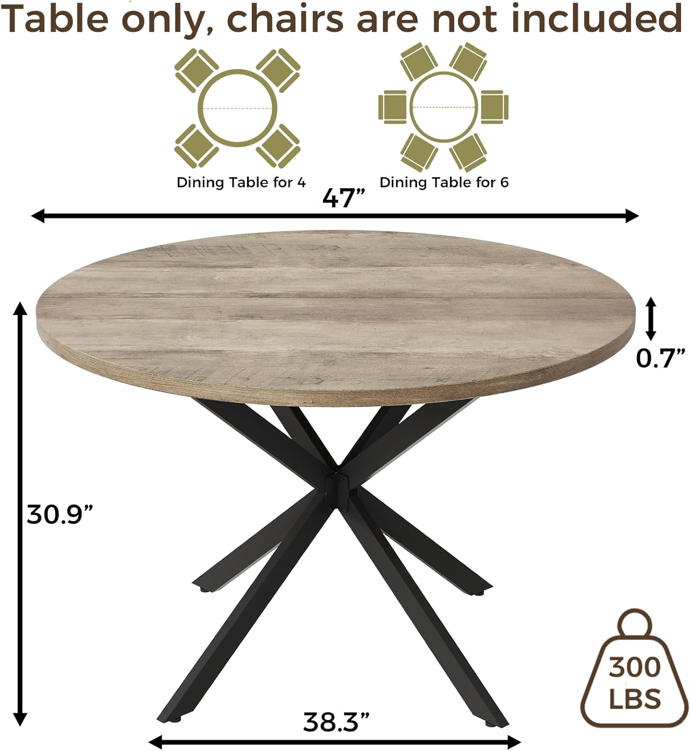 Vantic 47" Round Dining Table for 4-6 People, Farmhouse Wood Kitchen Table for Small Space, Circle Dining Table with Metal Base for Kitchen & Living Room, Ivory