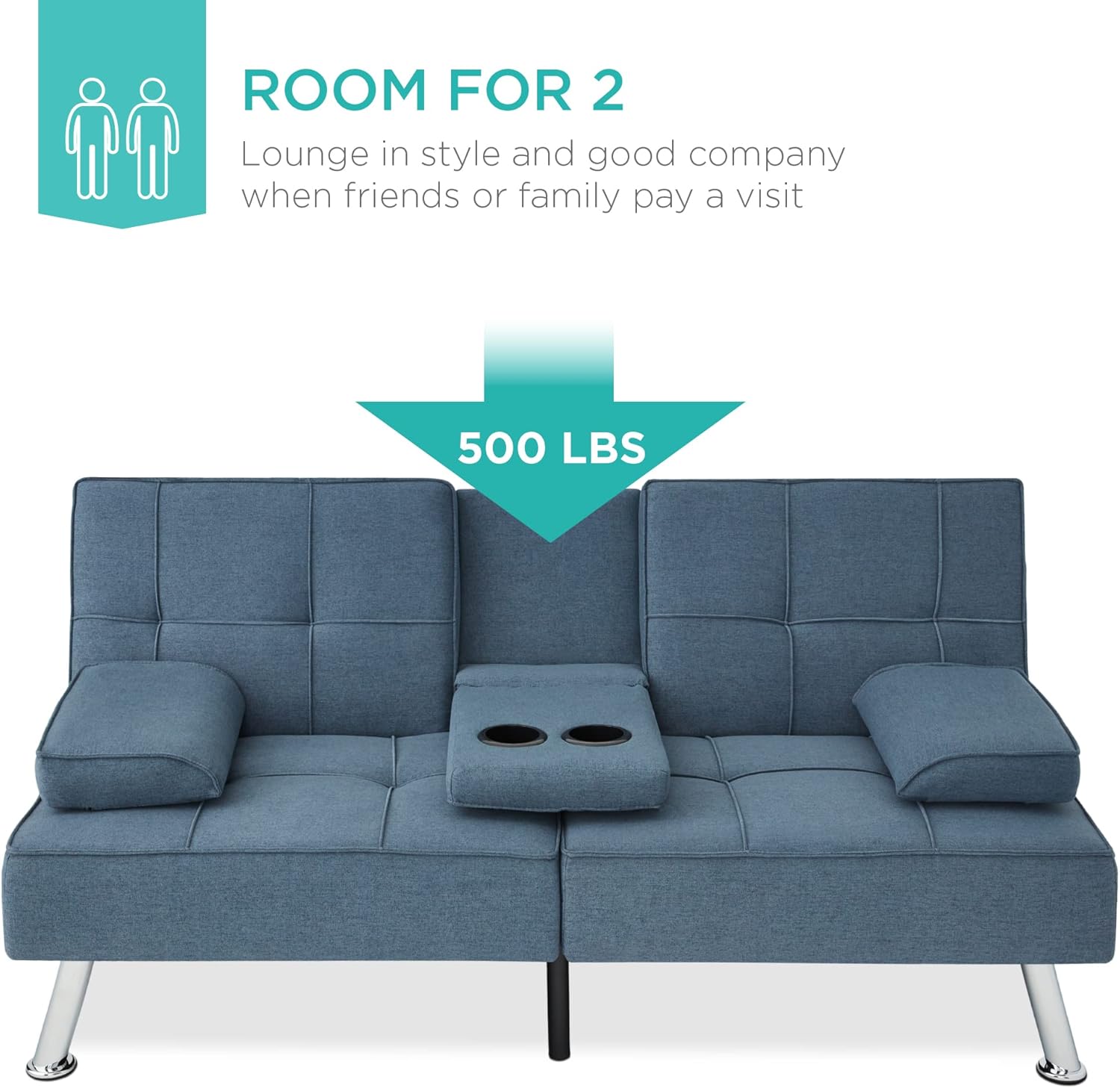 Best Choice Products Linen Modern Folding Futon, Reclining Sofa Bed for Apartment, Dorm w/Removable Armrests, 2 Cupholders - Blue