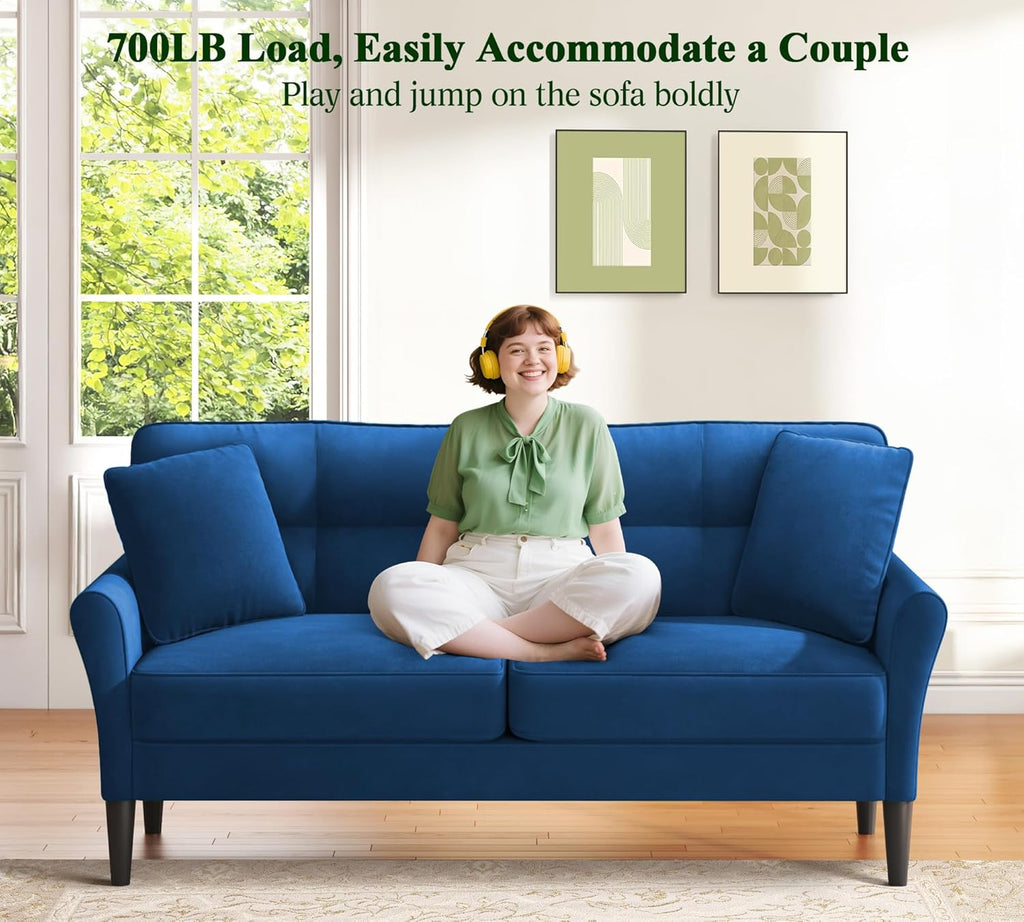 Loveseat Sofa, 69" Love Seat Couches, Comfy Velvet Small Couches for Small Spaces with 2 Pillows, Tool-Free Setup Sofas & Couches, 700lb Load Sofas for Living Room, Mini Couch for Bedroom, Blue Couch