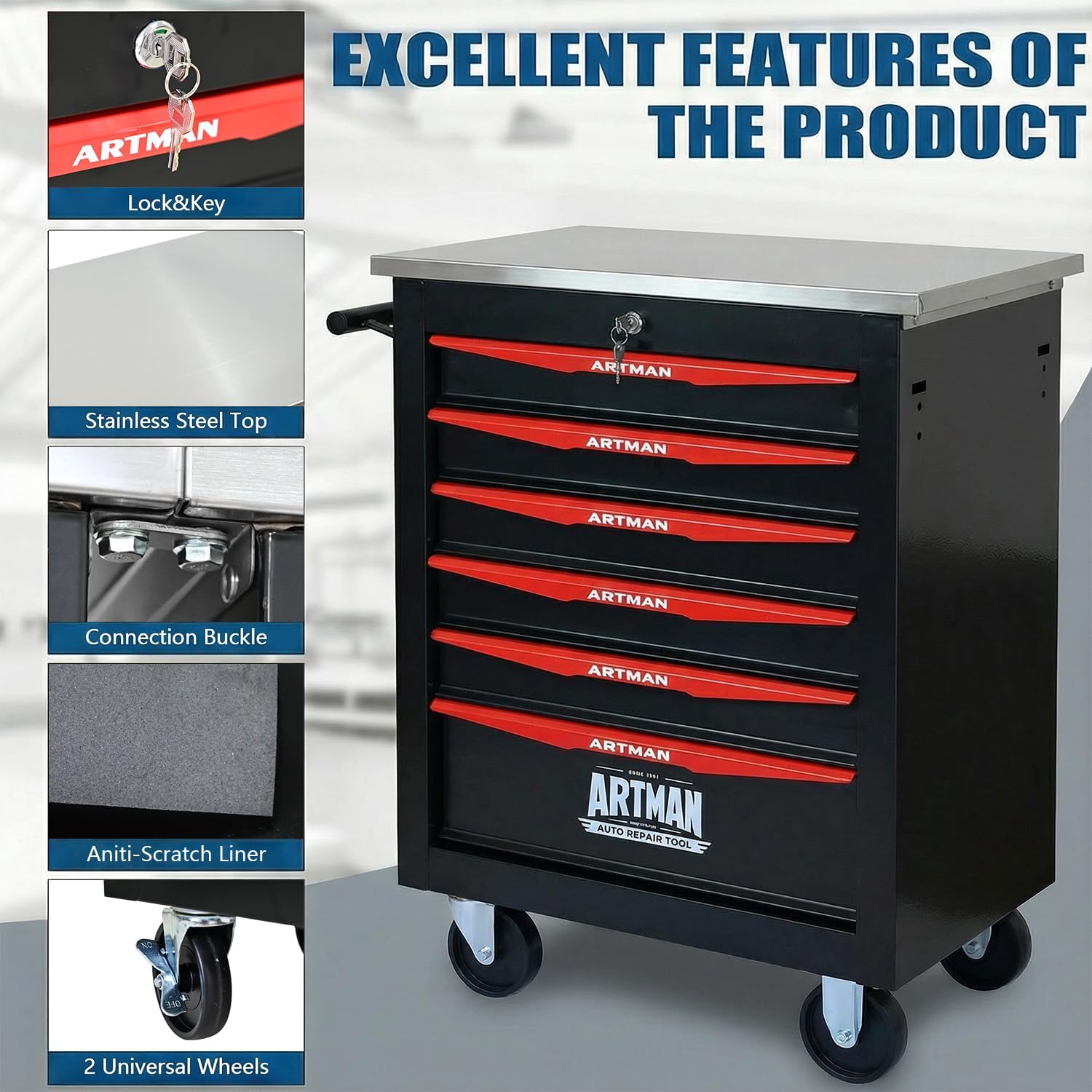 6-Drawer Rolling Tool Chest with Stainless Steel Countertop, Tool Chest with Secure Locking System, Mobile Storage Tool Cabinet with 360°Wheels and Padded Feet for Garage,Home (Black+Red)