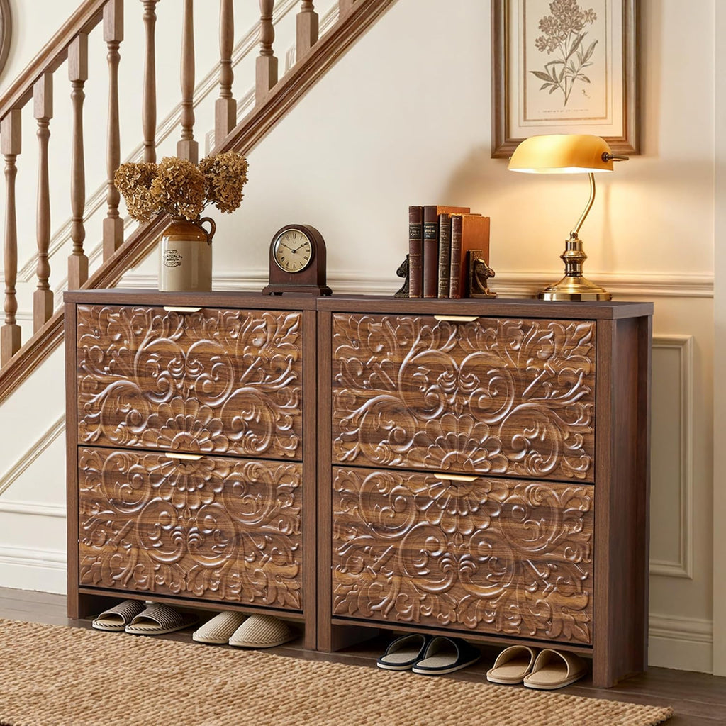 weselon Shoe Cabinet with Flip Drawers, Narrow Shoe Storage Cabinet, 2-Tier Hidden Shoe Organizer with Carved Floral for Entryway, Mid-Century Modern Slim Shoes Storage for Hallway Foyer (1, Walnut)