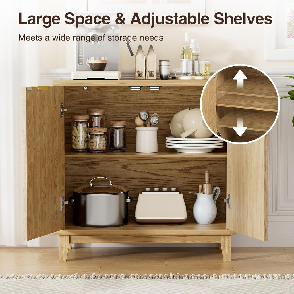 Fluted Cabinet with Storage, 2 Doors Sideboard Buffet, Mid Century Modern Accent Cabinet with Adjustable Shelves, Multifunctional Console Table with Storage for Living Room, Kitchen, Entryway