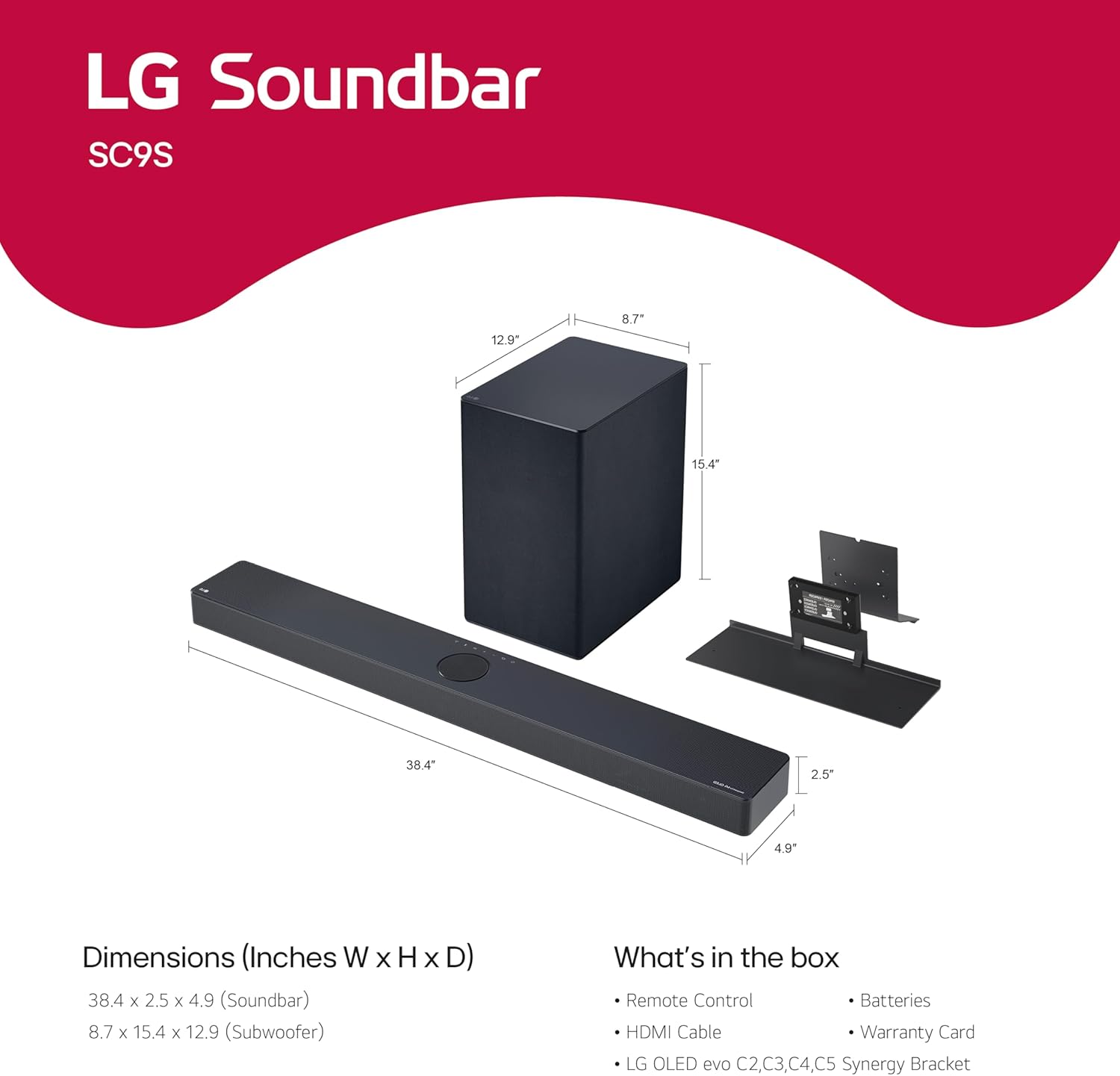 LG SC9S 3.1.3-Channel Perfect Matching Soundbar to the OLED evo C Series TV, Dolby Atmos, Wow Orchestra, WOWCAST Built-in with Wireless Dolby Atmos, Rear Speaker Ready, Wireless Subwoofer