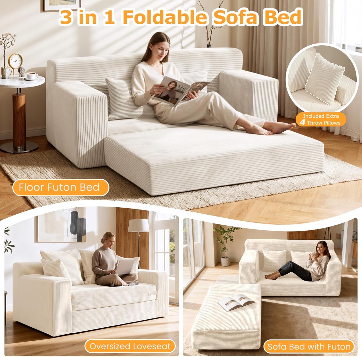 Boneless Loveseat Sleeper Sofa Bed, 3-in-1 Convertible Sofa Bed and Futon Couch with 4 Pillows, 55" Beige Boneless Couch for Living Room, Guest Room, Small Space, No Assembly Required, Corduroy