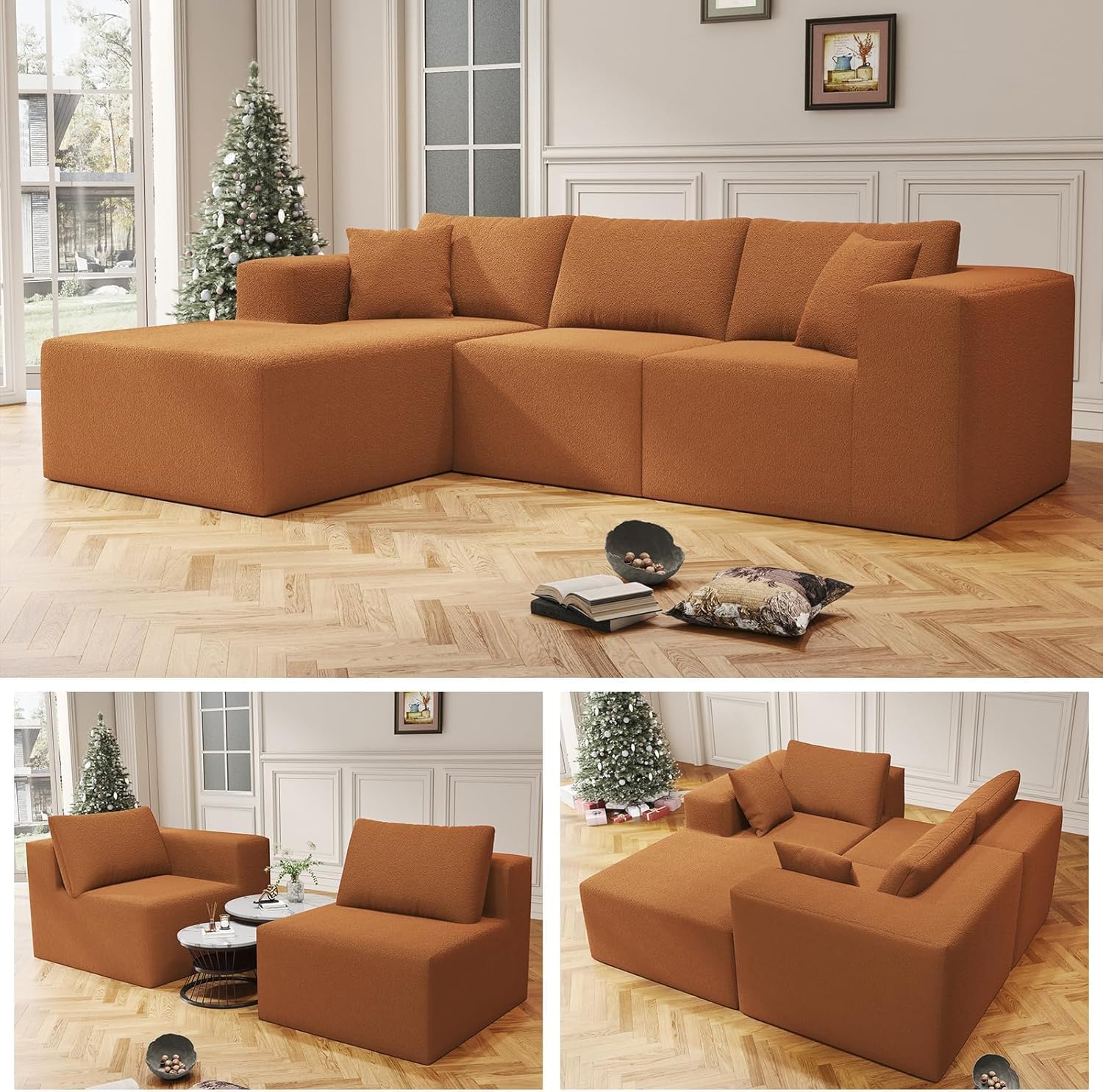 108" Orange Boneless Cloud Couches for Living Room L Shapes Sectional Sofa with Chaise Lounge, Comfy Teddy Fabric Memory Foam Couch Including Throw Pillow and Backrest - Removable Washable