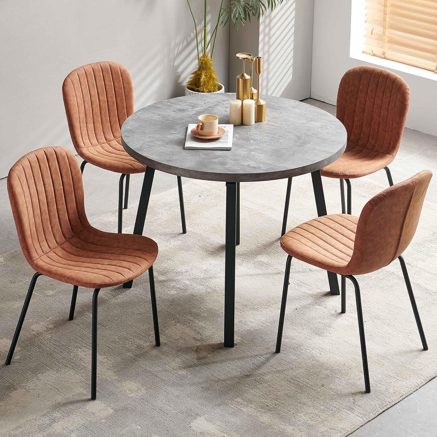 Brown Dining Chairs Set of 4 PU Leather Dining Room Chairs with Black Metal Legs, Mid Century Modern Dining Chairs for Kitchen & Dining Room