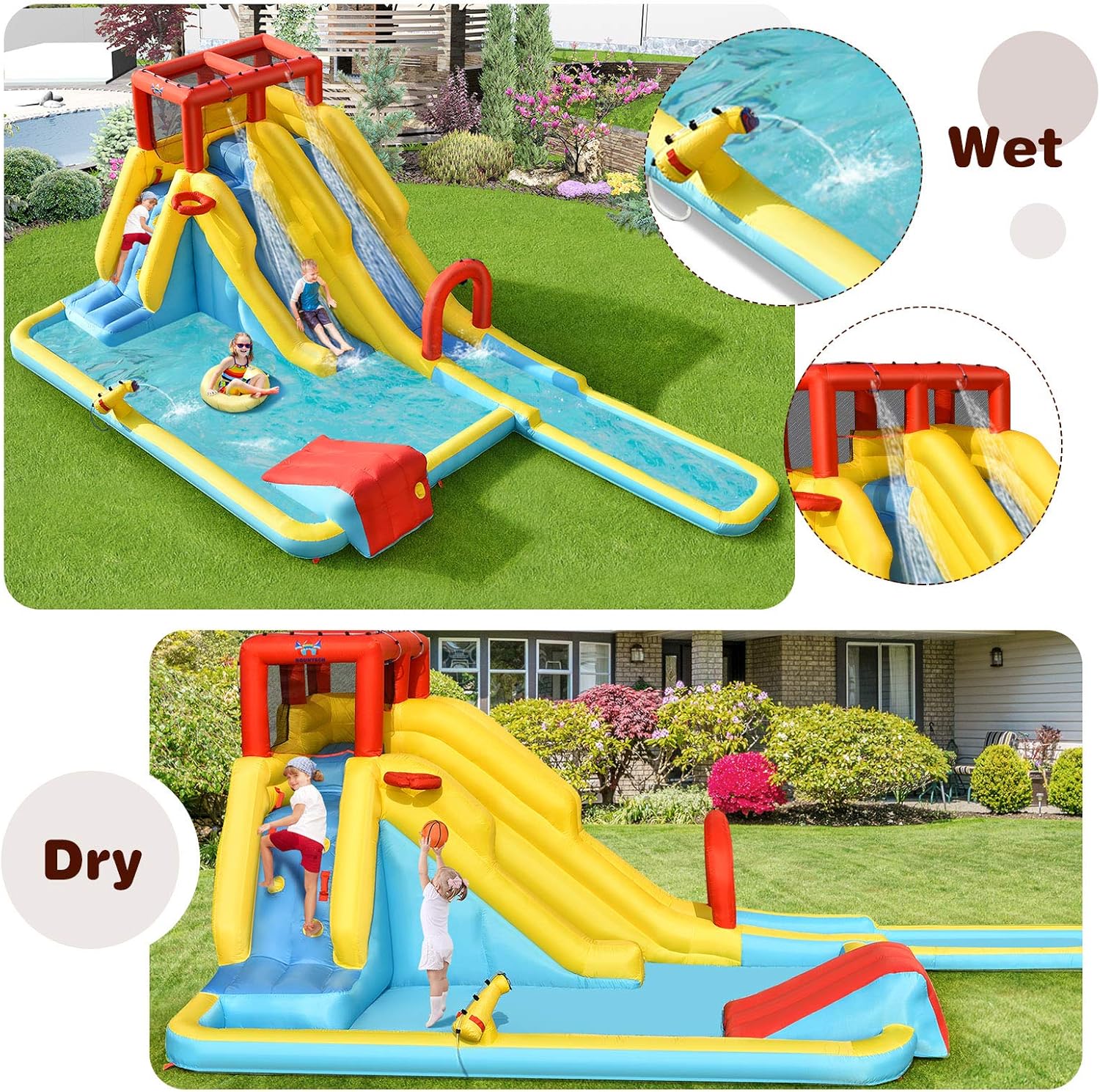 BOUNTECH Inflatable Water Slide, Dual Surfing Slides Kids Water Slide Park Jump Bouncy Castle w/2 Swimming Rings, Large Splash Pool, Blow up Water Slides Inflatables for Big Kids 3-12 Outdoor