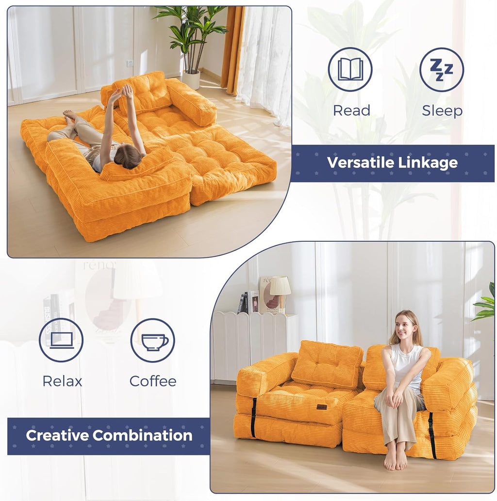 MAXYOYO Folding Sofa Bed, L-Shaped Convertible Sofa Bed Foldable Sleeper with Pillow, Portable Fold Out Chair Lounge for Living Room Bedroom, Orange