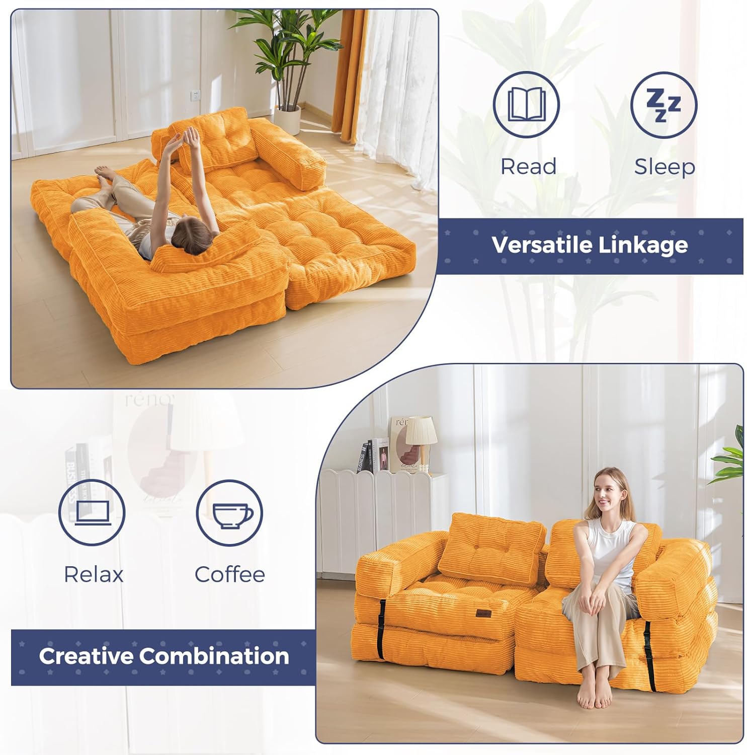 MAXYOYO Folding Sofa Bed, L-Shaped Convertible Sofa Bed Foldable Sleeper with Pillow, Portable Fold Out Chair Lounge for Living Room Bedroom, Orange