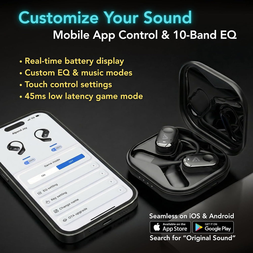 Joy Open-Ear Headphones, Wireless Bluetooth 5.4 Earbuds, Over-Ear Around-Ear Earhook, Sports Fit for Running & Workouts, ENC Clear Calls, HD Sound, App EQ, 40H Battery, IPX4 Sweatproof, Black
