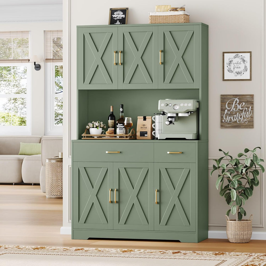 HOSTACK 71" Pantry Cabinet with Charging Station, Tall Kitchen Pantry Storage Cabinet with Microwave Stand, Farmhouse Kitchen Hutch with Storage Drawers for Living Room, Dining Room, Green