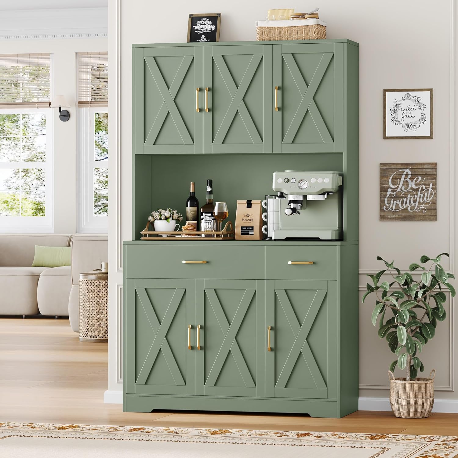 HOSTACK 71" Pantry Cabinet with Charging Station, Tall Kitchen Pantry Storage Cabinet with Microwave Stand, Farmhouse Kitchen Hutch with Storage Drawers for Living Room, Dining Room, Green