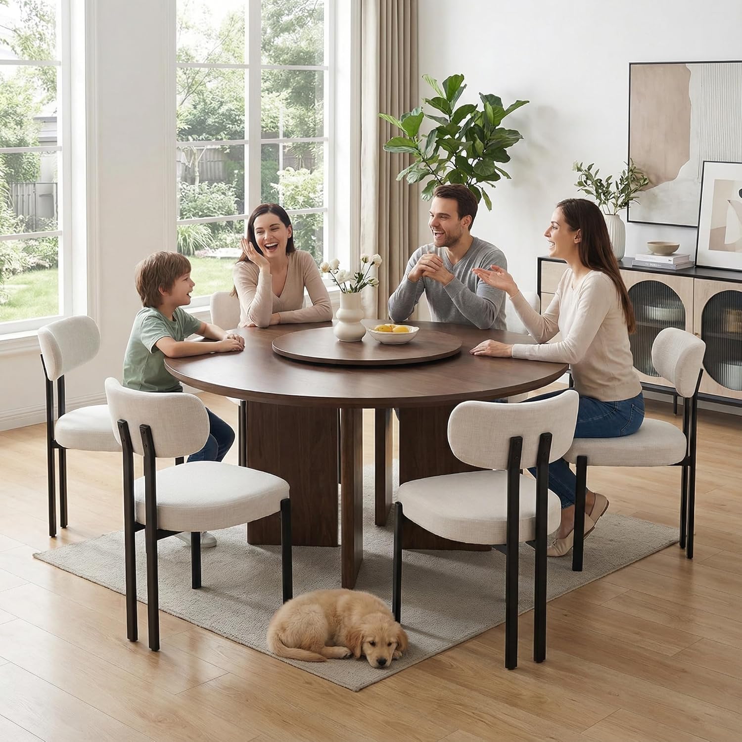 LukeAlon Linen Dining Chairs Set of 6, Curved Back Modern Side Chairs Upholstered Armless Reception Guest Chair with Black Metal Legs for Kitchen Restaurant Dining Room, Light Beige