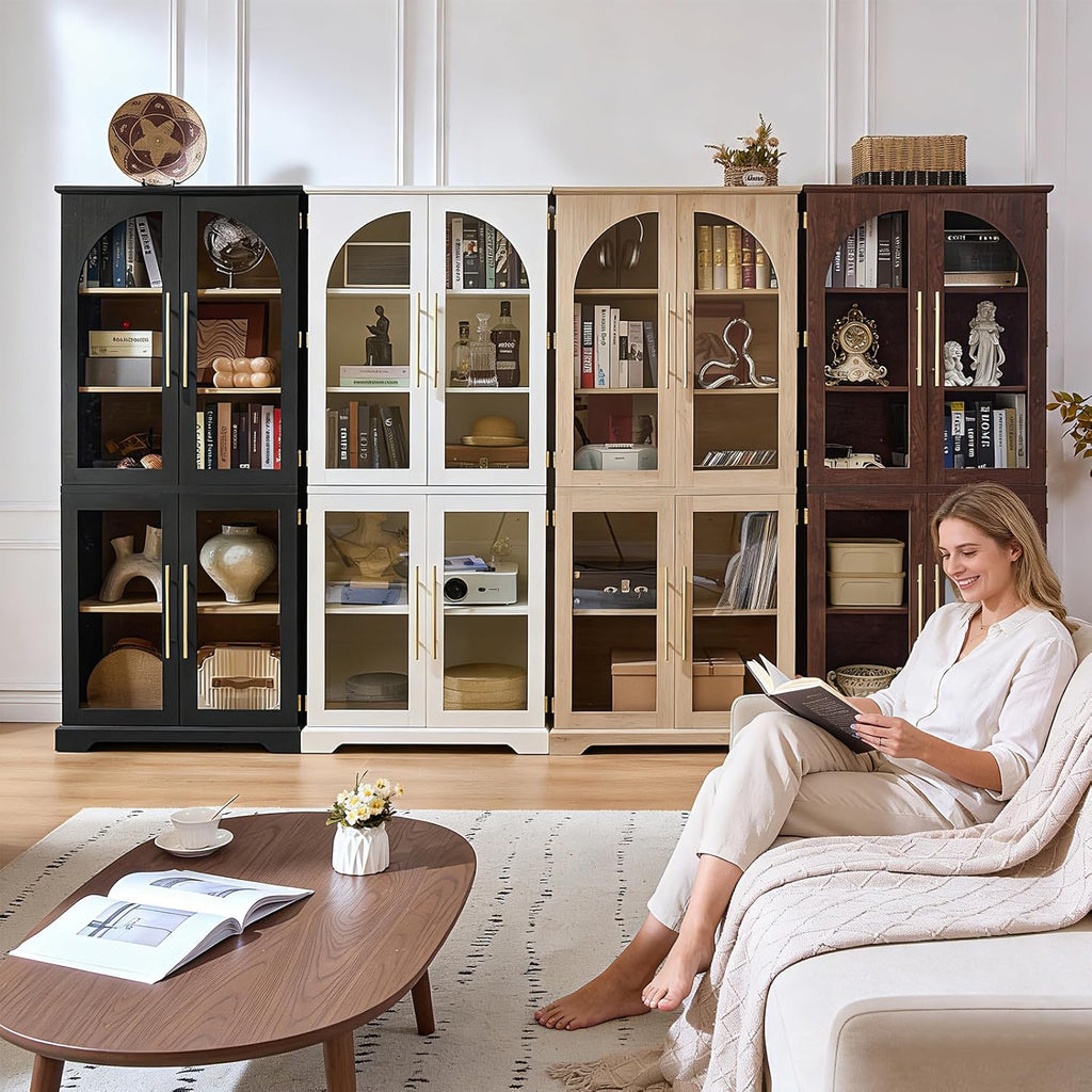 Joaxswe 72" Tall Bookshelf with 4 Curved Glass Doors, Farmhouse Bookcase with 3-Tier Adjustable Shelves, Modern Living Room Display Cabinet, Large Storage Cabinet for Home Office,Dining Room, Walnut
