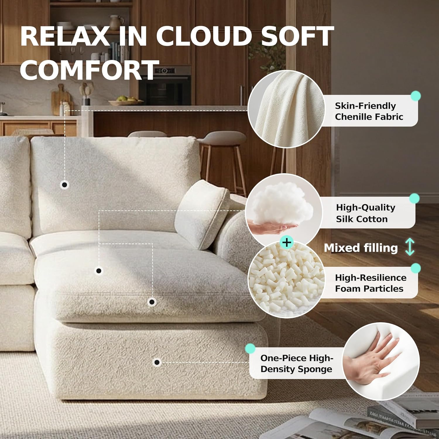108" Modern Cloud Couch, Plush L Shaped Sectional Couch with Ottoman, Comfy Boneless Couch Modular Sofa, High-Density Memory Foam Deep Seat, No Assembly Required, Pet-Friendly, White