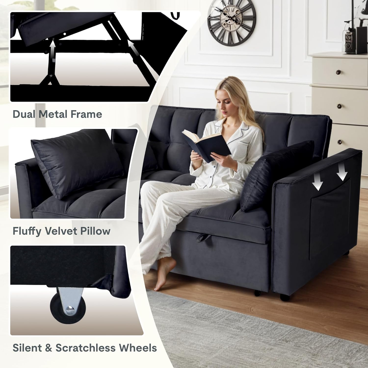 FLEXISPOT XCT4 Pull Out Couch, 3-in-1 Sleeper Sofa Bed with Adjustable Backrest, Loveseat Sleeper with Pillows & Side Pockets, Convertible Futon Couch for Small Spaces Guest Room Apartment, Black