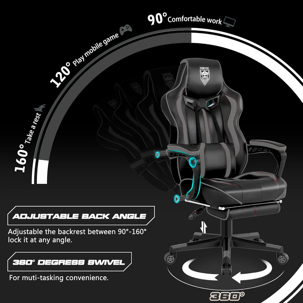 Vonesse Gaming Chair for Adults, Reclining Gaming Chairs with Footrest and Massage, Computer Gaming Chair for Heavy People,Ergonomic Gamer Chair Big and Tall (Black/Gray)