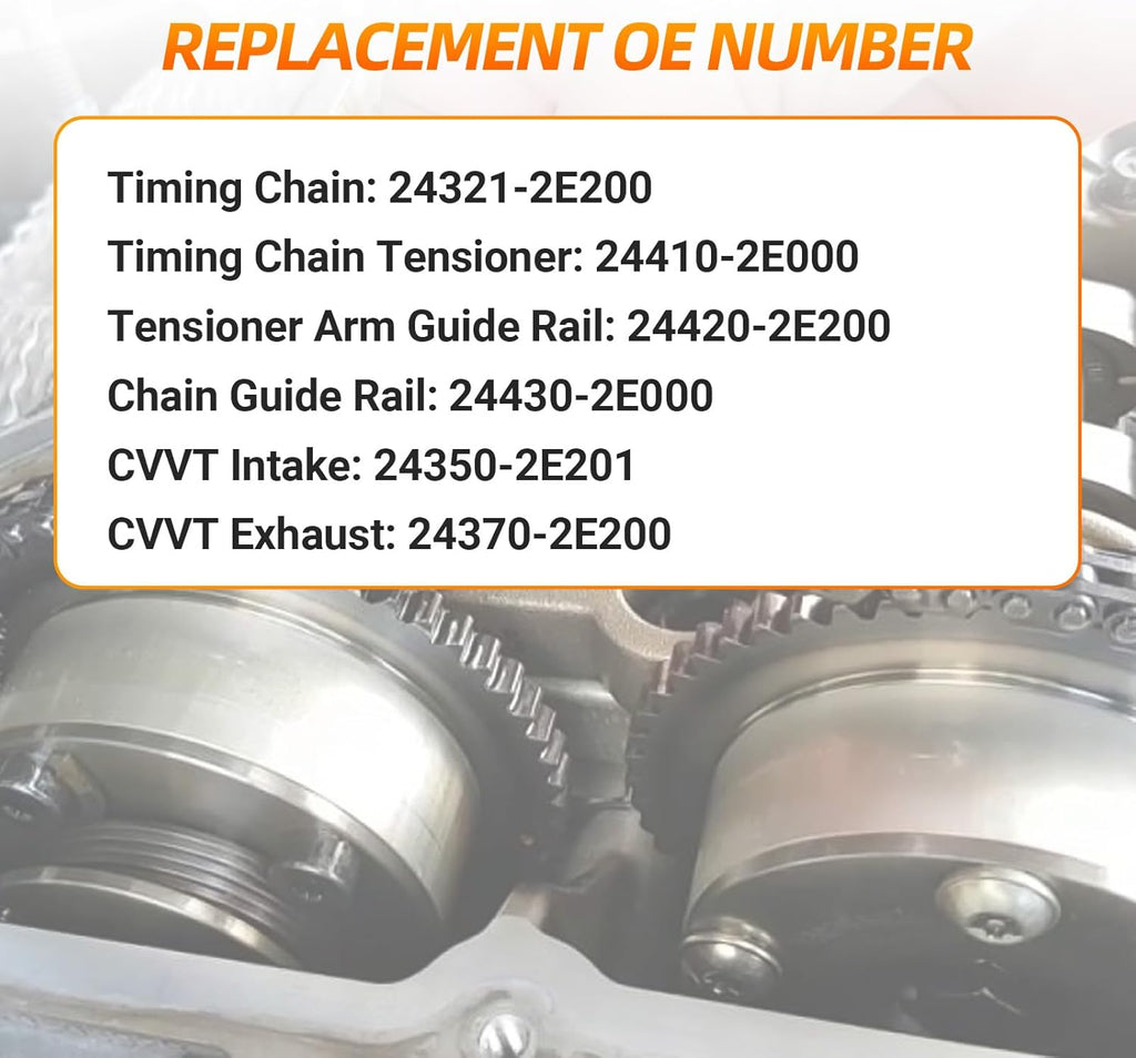 Engine Timing Chain Kit, Compatible with Elantra Coupe Tucson Kia Soul Forte Koup 2.0L L4, Automotive Replaces Part with Intake&Exhaust CVVT Gears 24321-2E200 24350-2E201 24370-2E200