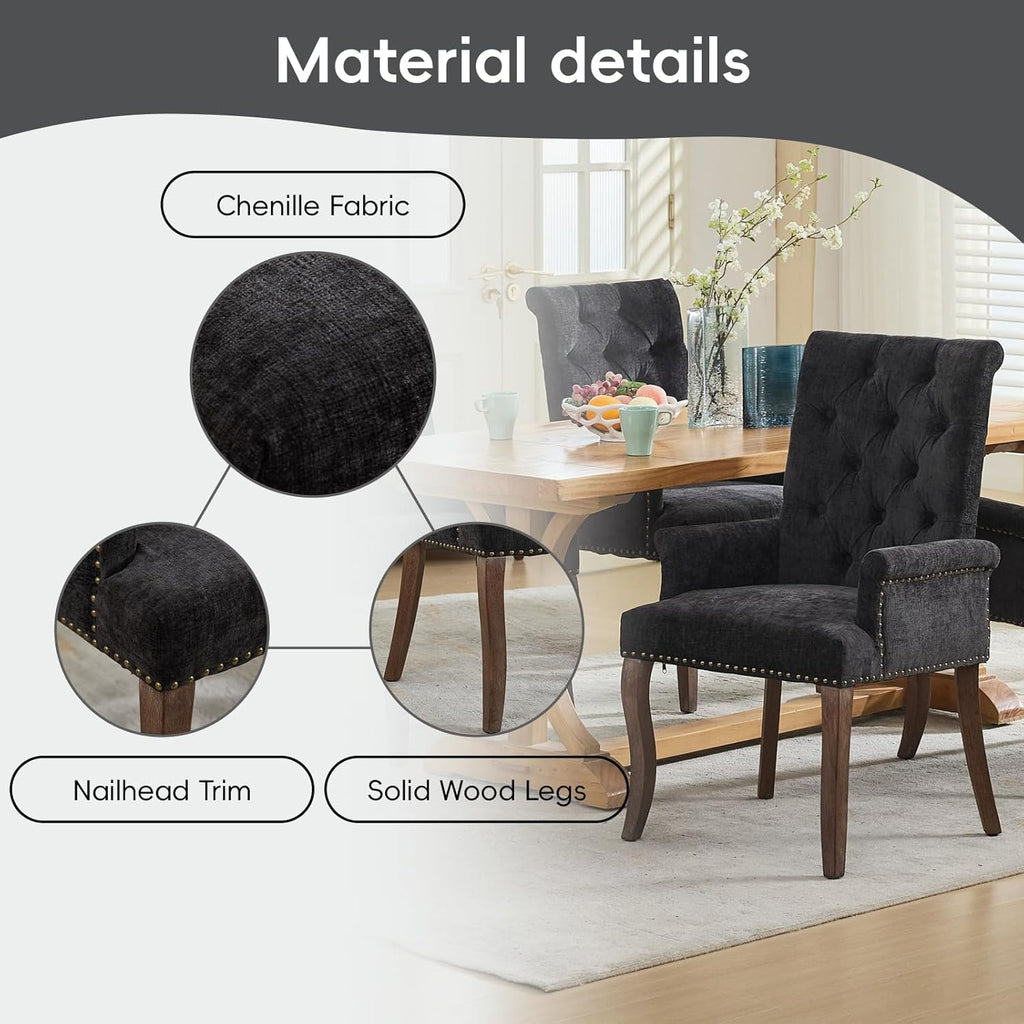 Upholstered Tufted Chenille Dining Chairs with Arms & Nailhead Trim – Solid Wood Frame & Legs, Modern Farmhouse for Dining, Kitchen & Living Room (Set of 6, Charcoal Gray)