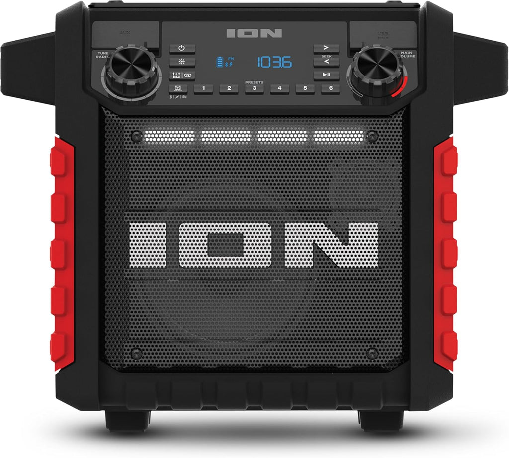 ION Tailgater Classic Outdoor Portable Bluetooth Speaker with Rechargeable Battery, FM Radio, USB Port, IPX5 Water-Resistant, 6.5" Woofer, App, Red