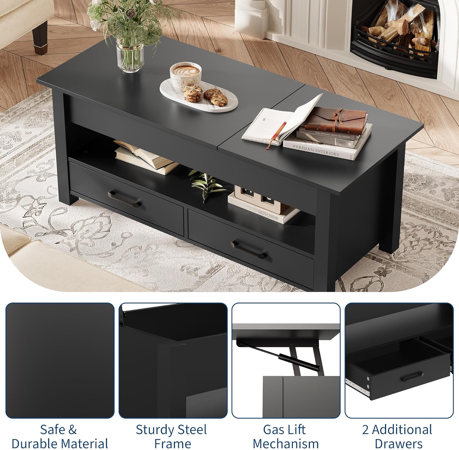 GarveeHome Coffee Table Lift Top, Convertible Coffee Table with Wooden Lift Tabletop, 2 Drawers and Hidden Compartment, Central Table with Storage for Living Room Home Office, Black