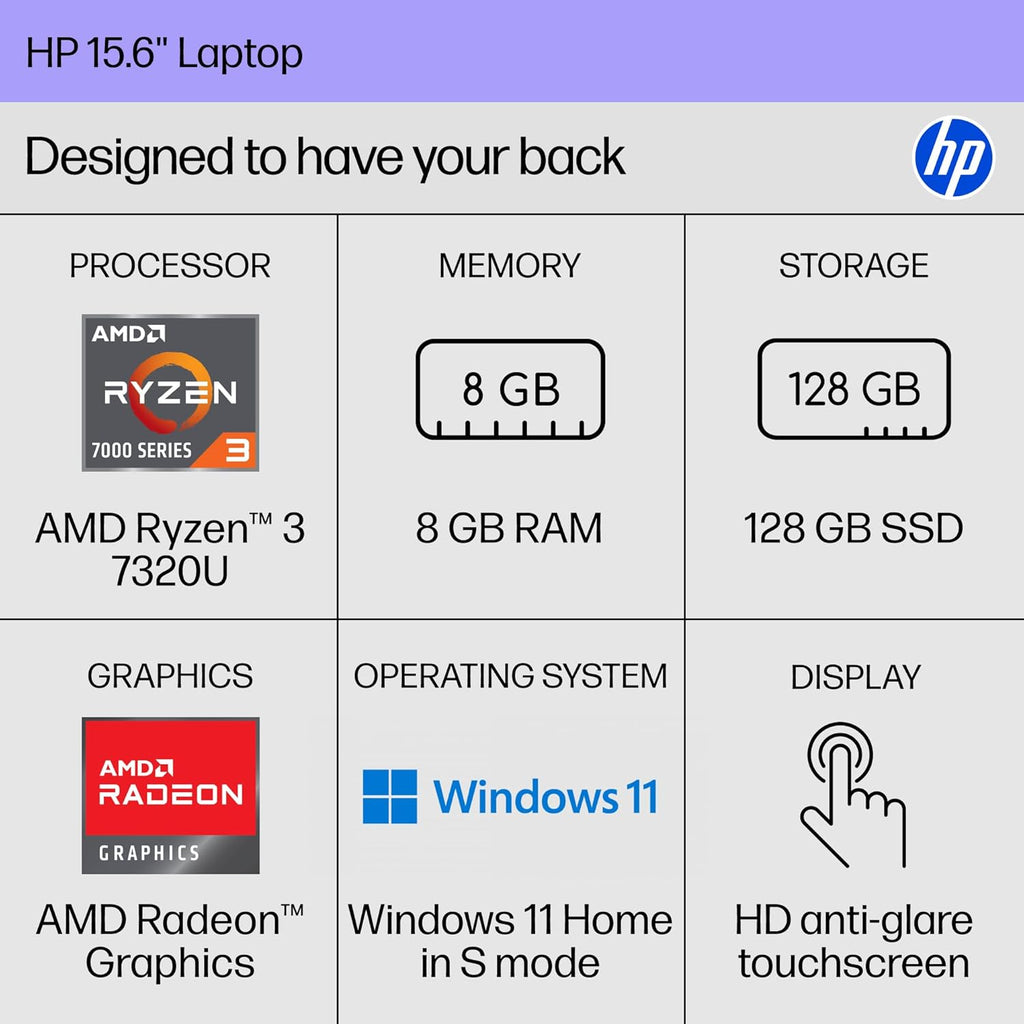 HP 15.6 inch Laptop, HD Touchscreen Display, AMD Ryzen 3 7320U, 8 GB RAM, 128 GB SSD, AMD Radeon Graphics, Windows 11 Home in S Mode, Natural Silver, 15- fc0099nr