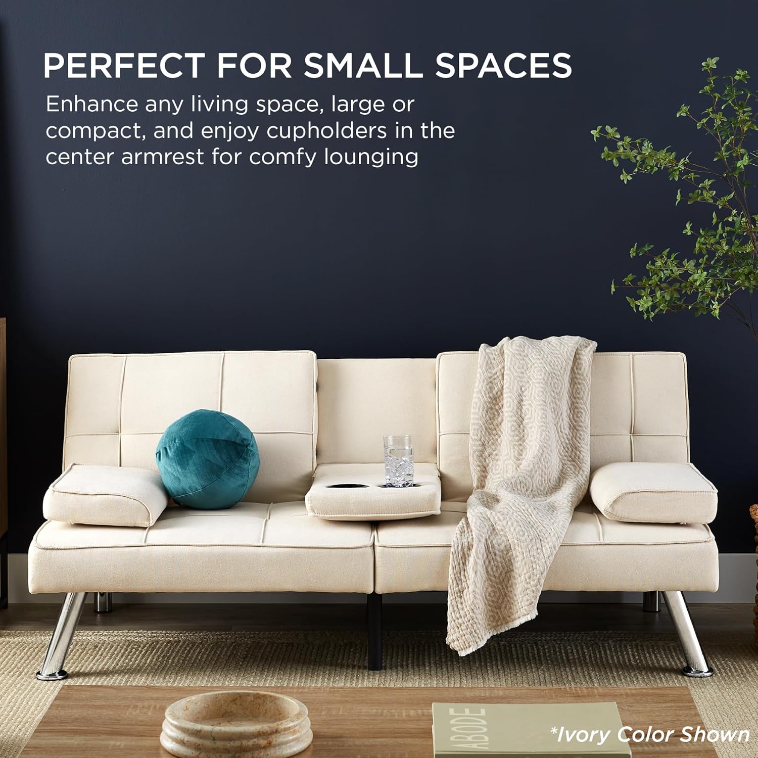 Best Choice Products Linen Modern Folding Futon, Reclining Sofa Bed for Apartment, Dorm w/Removable Armrests, 2 Cupholders - Blue