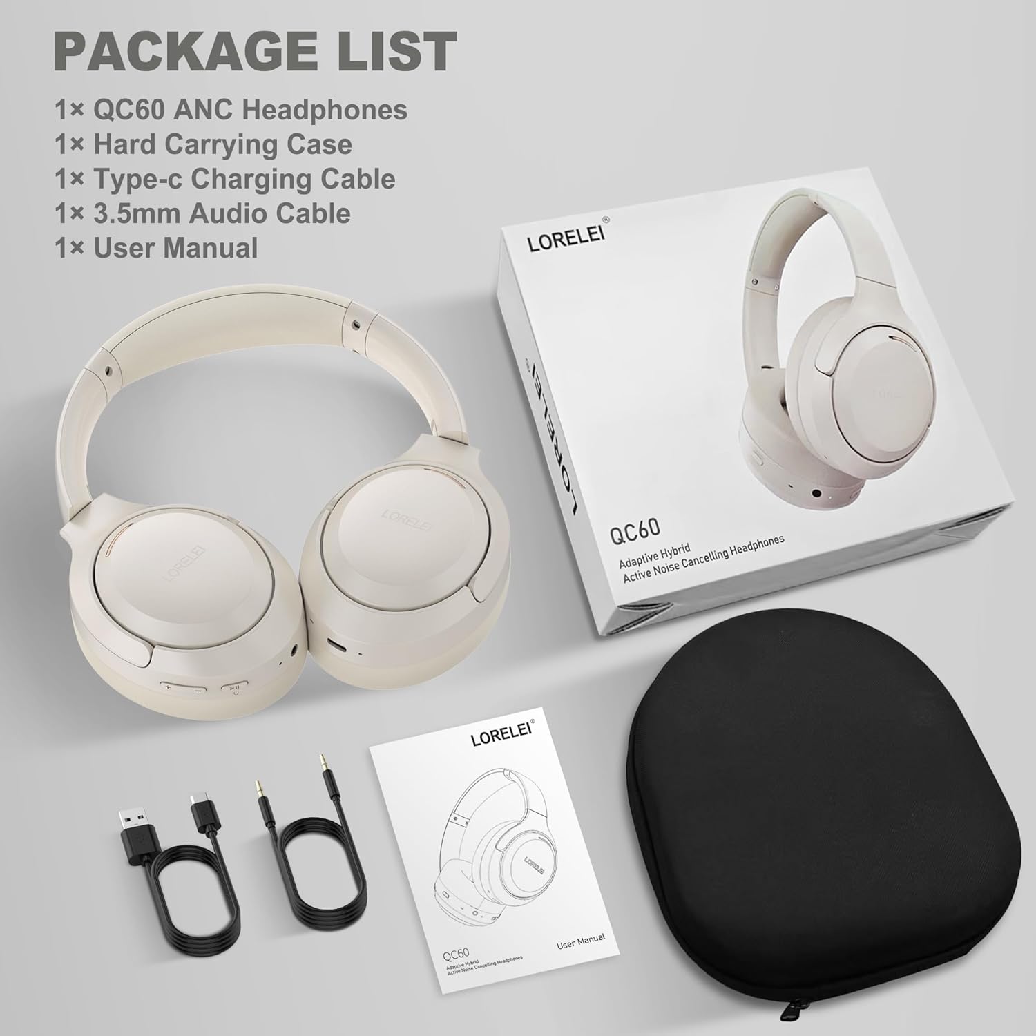 LORELEI QC60 Hybrid Active Noise Cancenlling Headphones,Wireless Over Ear Bluetooth Headsets with mic,100H Playtime  .3 EQ Mode Deep Bass, Memory Earmuffs,for Travel Home Office(Beige White)