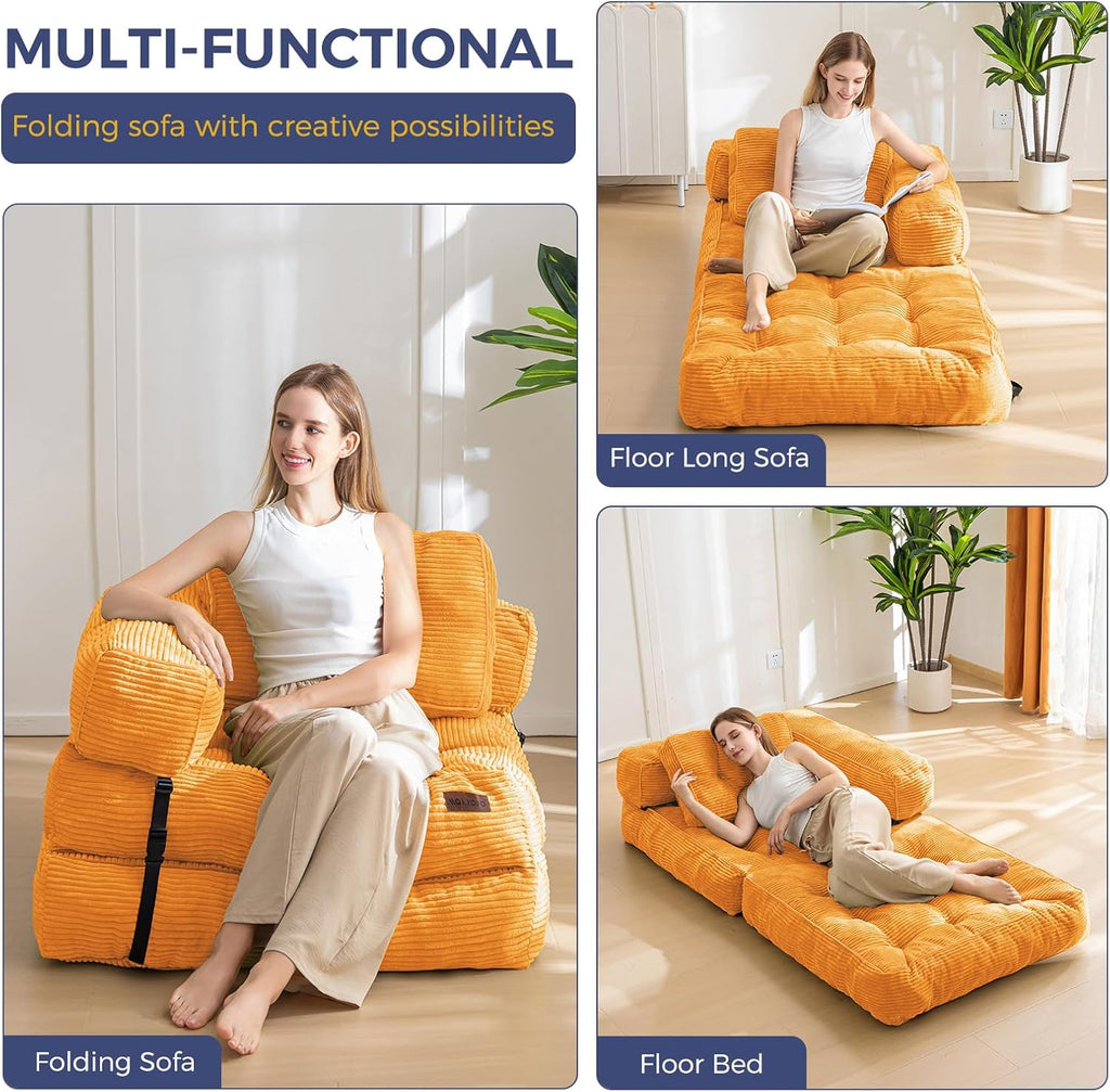MAXYOYO Folding Sofa Bed, L-Shaped Convertible Sofa Bed Foldable Sleeper with Pillow, Portable Fold Out Chair Lounge for Living Room Bedroom, Orange