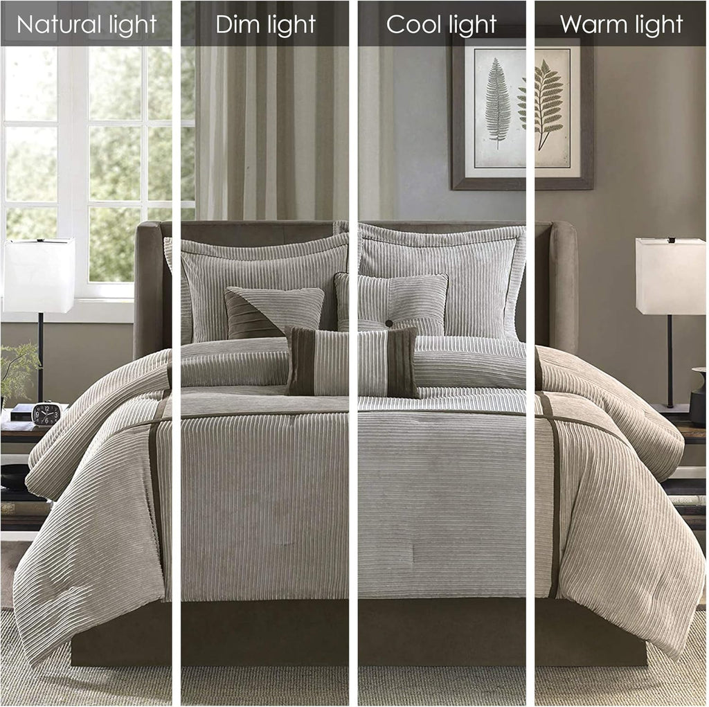 Madison Park Cozy Comforter Set Casual Blocks Design All Season, Matching Bed Skirt, Decorative Pillows, King(104"x92"), Dallas Corduroy, Taupe Brown, 7 Piece