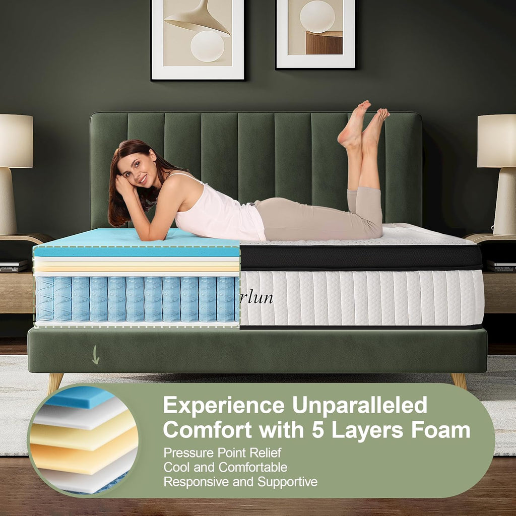 Suiforlun 14 Inch Queen Size Mattress -Motion Isolation Pocketed Coils with Edge Support, Fiberglass Free Hybrid Mattress for Back Pain Relief, Medium Firm, 60"x80"