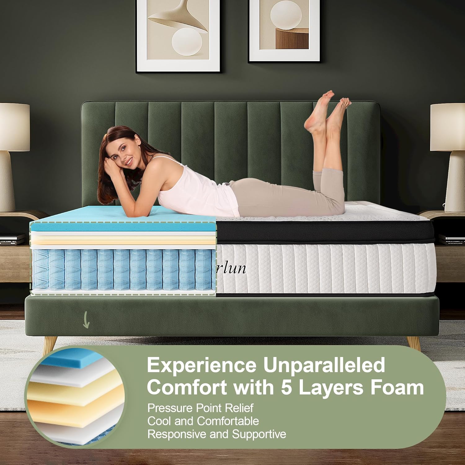 Suiforlun 14 Inch Queen Size Mattress -Motion Isolation Pocketed Coils with Edge Support, Fiberglass Free Hybrid Mattress for Back Pain Relief, Medium Firm, 60"x80"