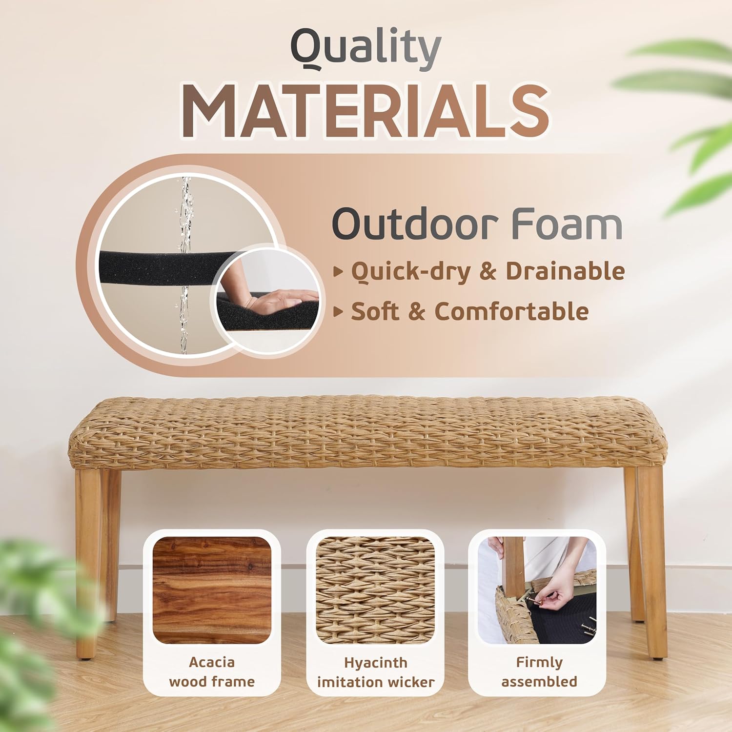 Outdoor Backless Bench, All-Weather Wicker & Solid Acacia Wood, Premium Garden Bench with Woven Rattan Seat and Thick Outdoor Cushion for Patio, Porch, Living Room or Entryway (Natural, PE Wicker).