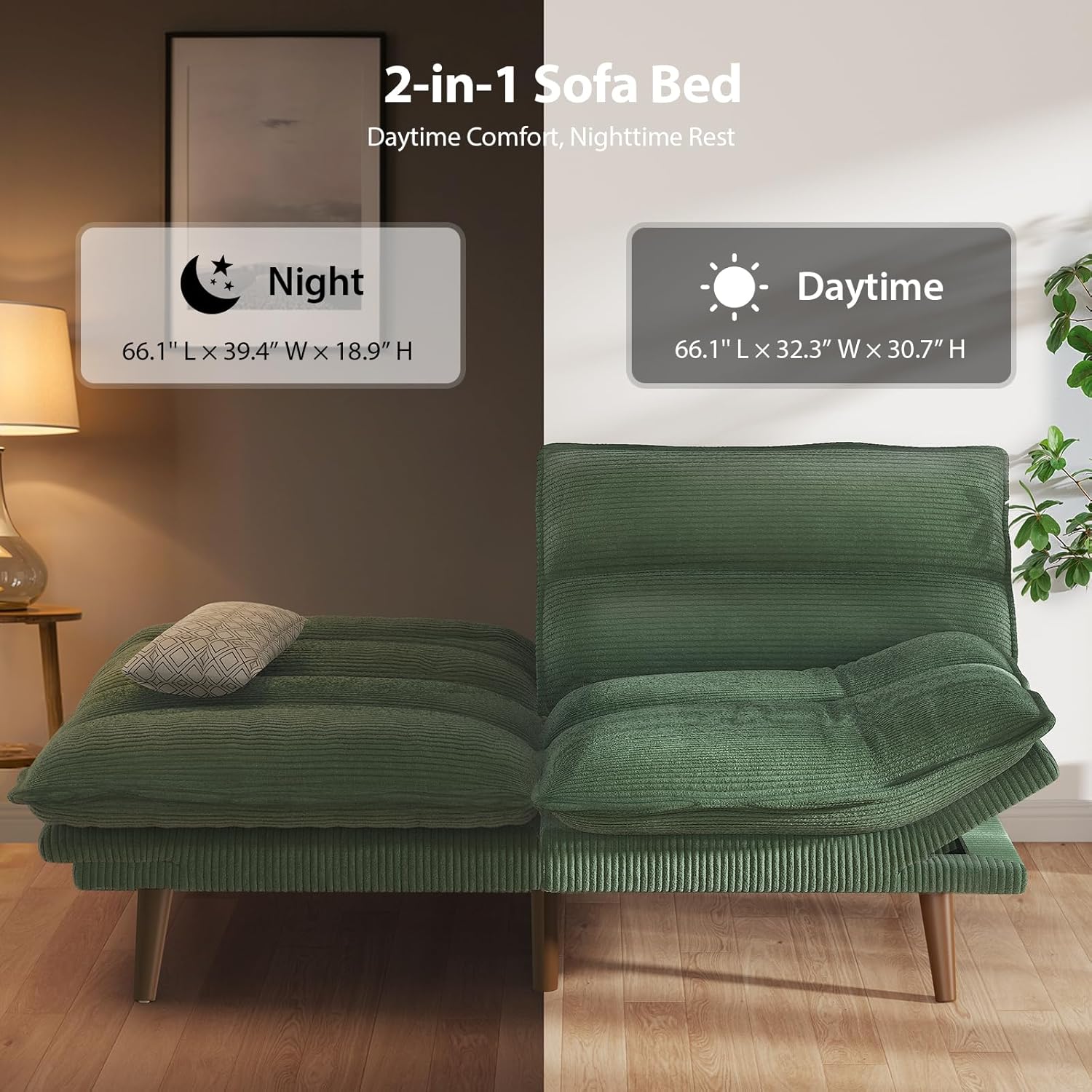 Pipishell Futon Sofa Bed, Convertible Futon Adjustable Backrest & Armrests, Corduroy Sleeper Couch for Small Spaces, Living Room, Office, Guest Room (Moss Green, 66 Inch)