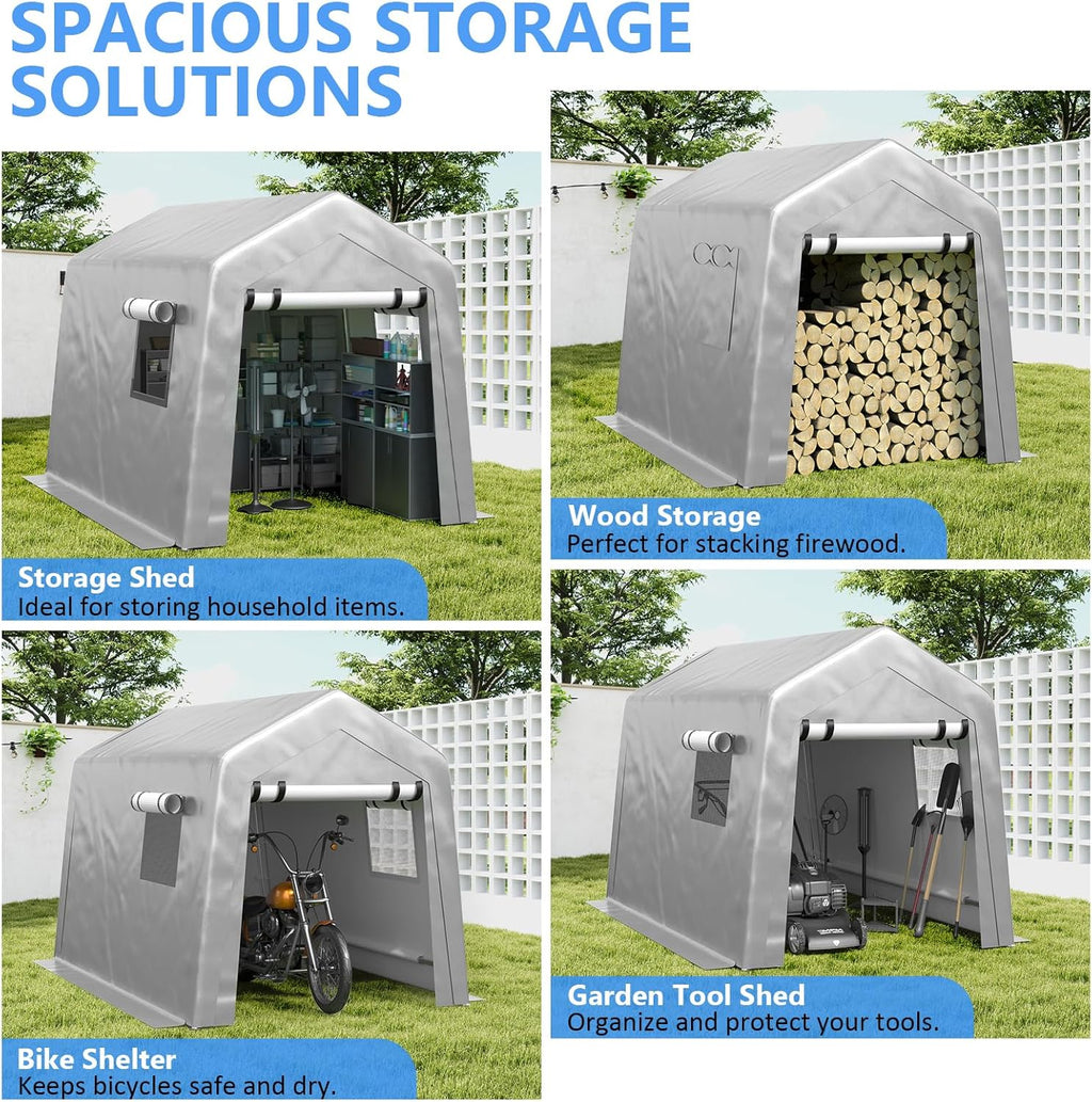 Jocoevol Carport 6x8 FT Enclosed Carport with Roll-up Windows, Portable Garage with Removable Sidewalls & Doors, Car Canopy Tent with Sandbags All-Season Tarp for Bike Motorcycle