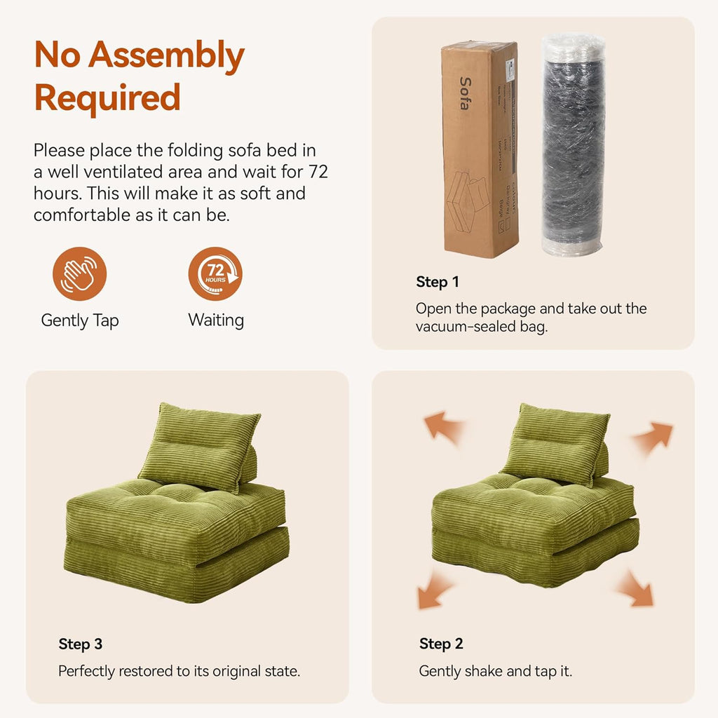 MONVANE Folding Sofa Bed, Fold Out Chair Bed with Pillow, Convertible Sleeper Chair for Living Room/Small Spaces, Foldable Lazy Sofa Bed Floor Chair, Comfy Corduroy Couch Bed, Pistachio Green