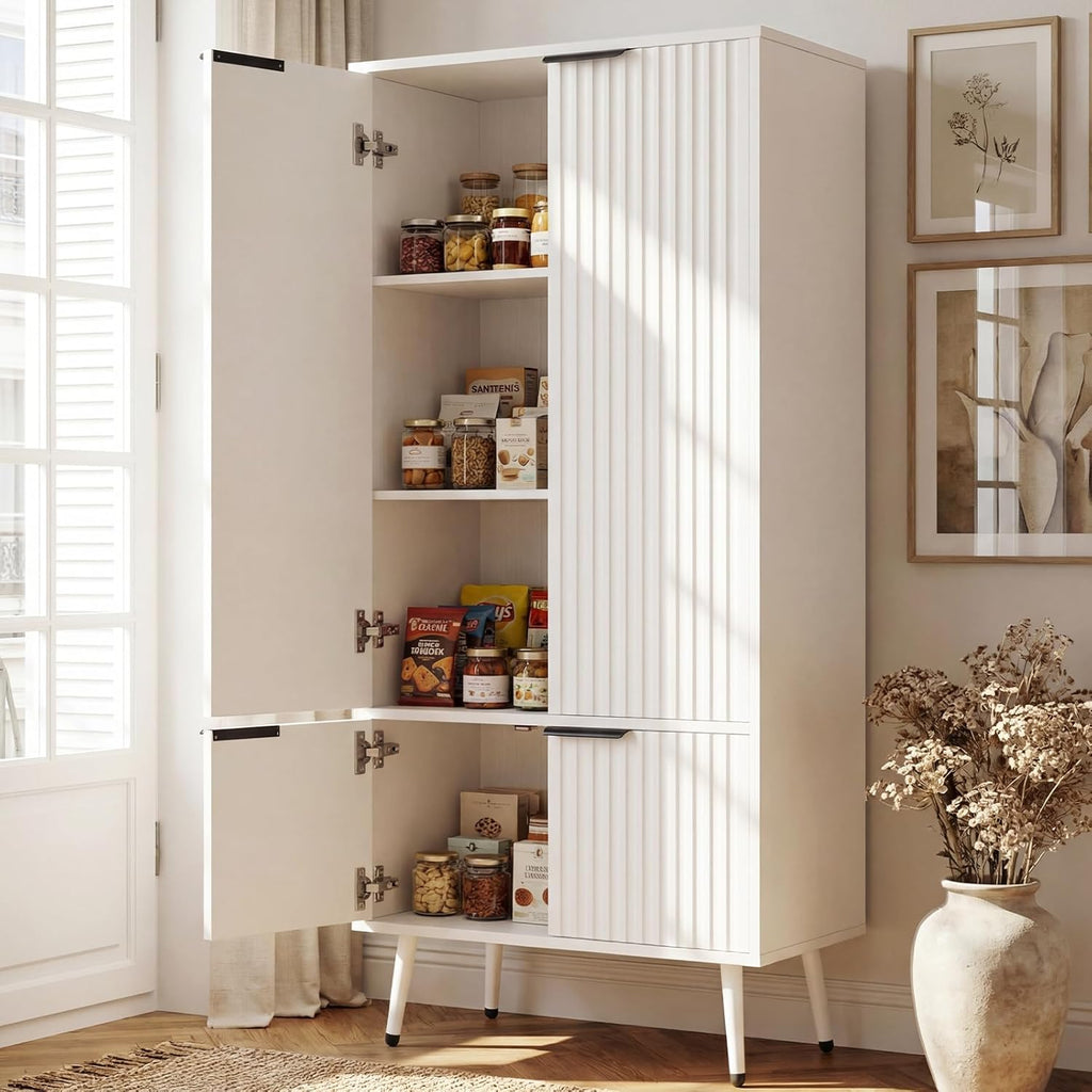 Foxemart White Fluted 51" Tall Wooden Kitchen Pantry Storage Cabinet Food Organize with Adjustable Shelves, Modern Accent Cabinet Sideboard Buffet for Dining Room, Entryway, Bathroom, Home Office