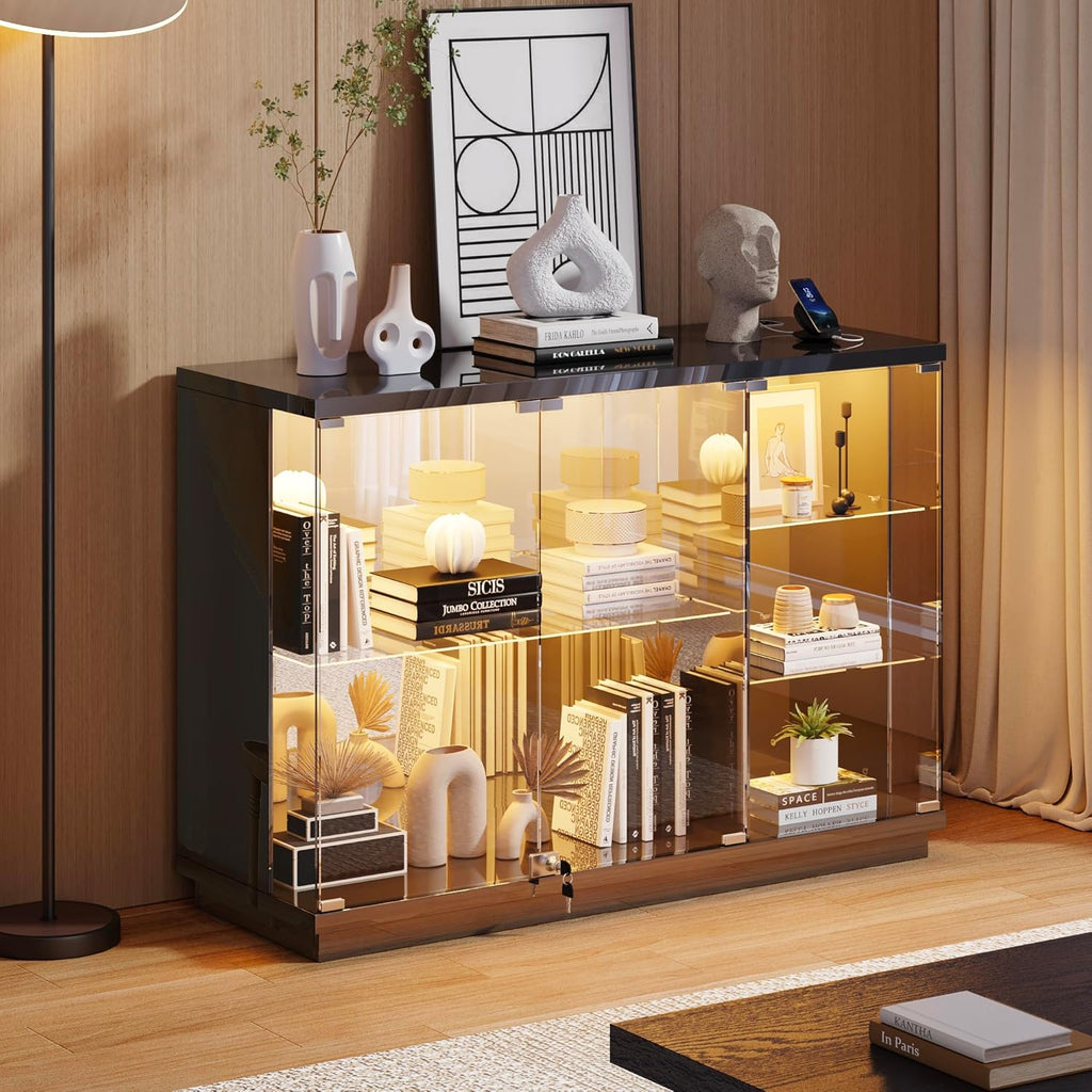 Lvifur Glass Display Cabinet with Lock & LED Light, High Gloss Sideboard with Human Body Sensor & Glass Shelves for Toys, Books, Collectibles, Liquor, Bookcase for Living Room, Kitchen, Study, Black