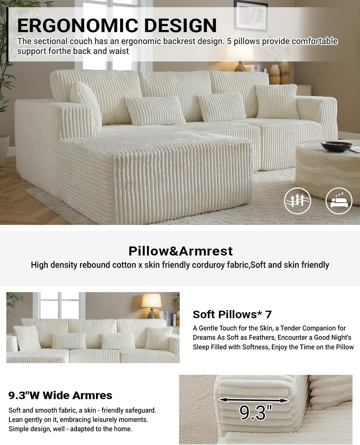 110” Modular Sectional Sofa, Cloud Sectional Couch with Deep Seat, Upholstered Boneless Couches for Living Room, Modern Modular L-Shape Sofa Couch with Chaise (Beige, 110" Left Facing Chaise)