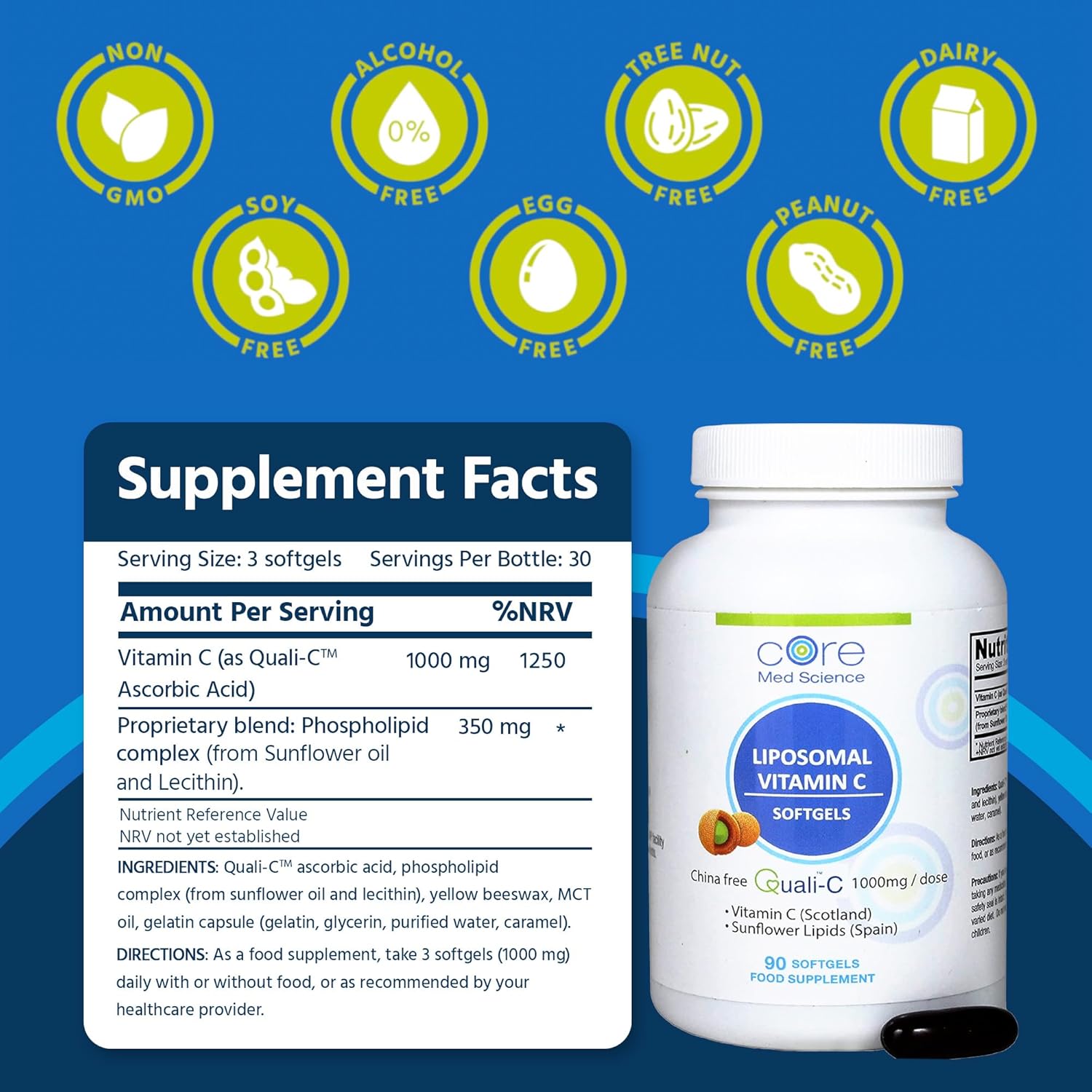 Core Med Science Liposomal Vitamin C 1000mg, 90 Softgels - Non-GMO Natural Liposomal Vitamin C Supplement that Promotes Healthy Skin - Immune System Booster for Adults, Supports Collagen Formation