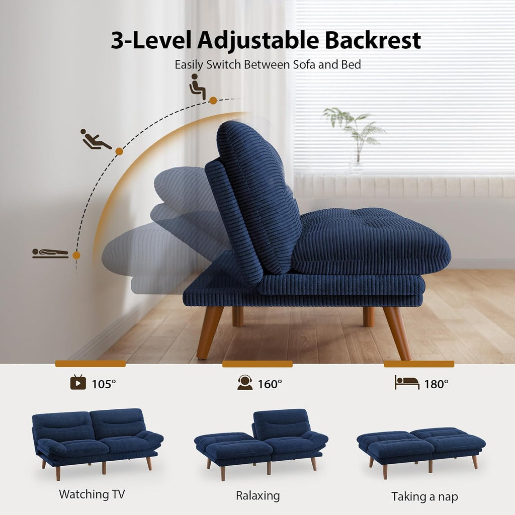 Pipishell Futon Sofa Bed, 66 Inch Corduroy Futon Couch Convertible with Adjustable Backrest and Armrests, Recliner Sleeper Sofa for Small Spaces, Living Room, Office, Guest Room (Blue, 66 Inch)